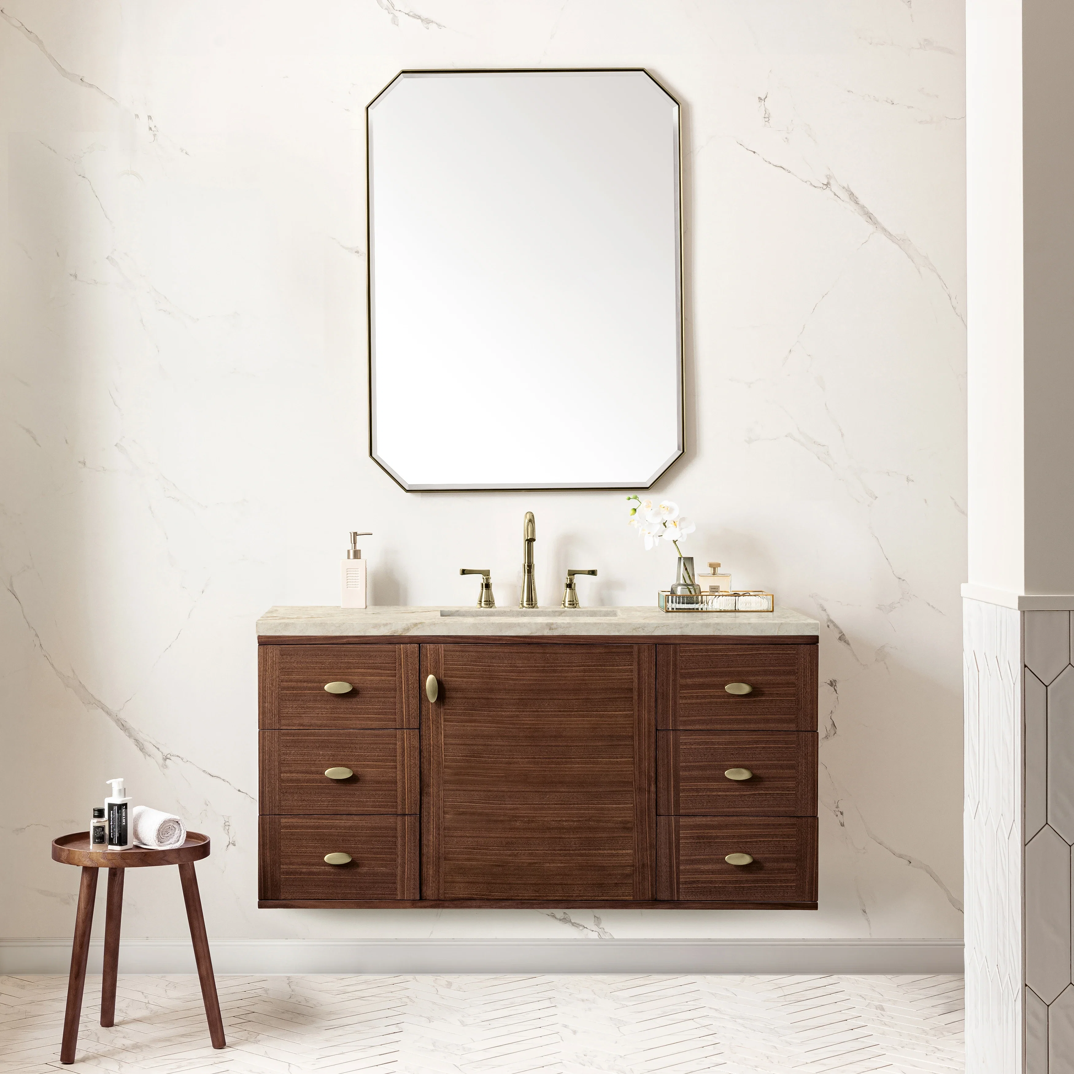 Amberly 48" Single Vanity, Mid-Century Walnut, w/ 3 CM Tajnar Eclos Top