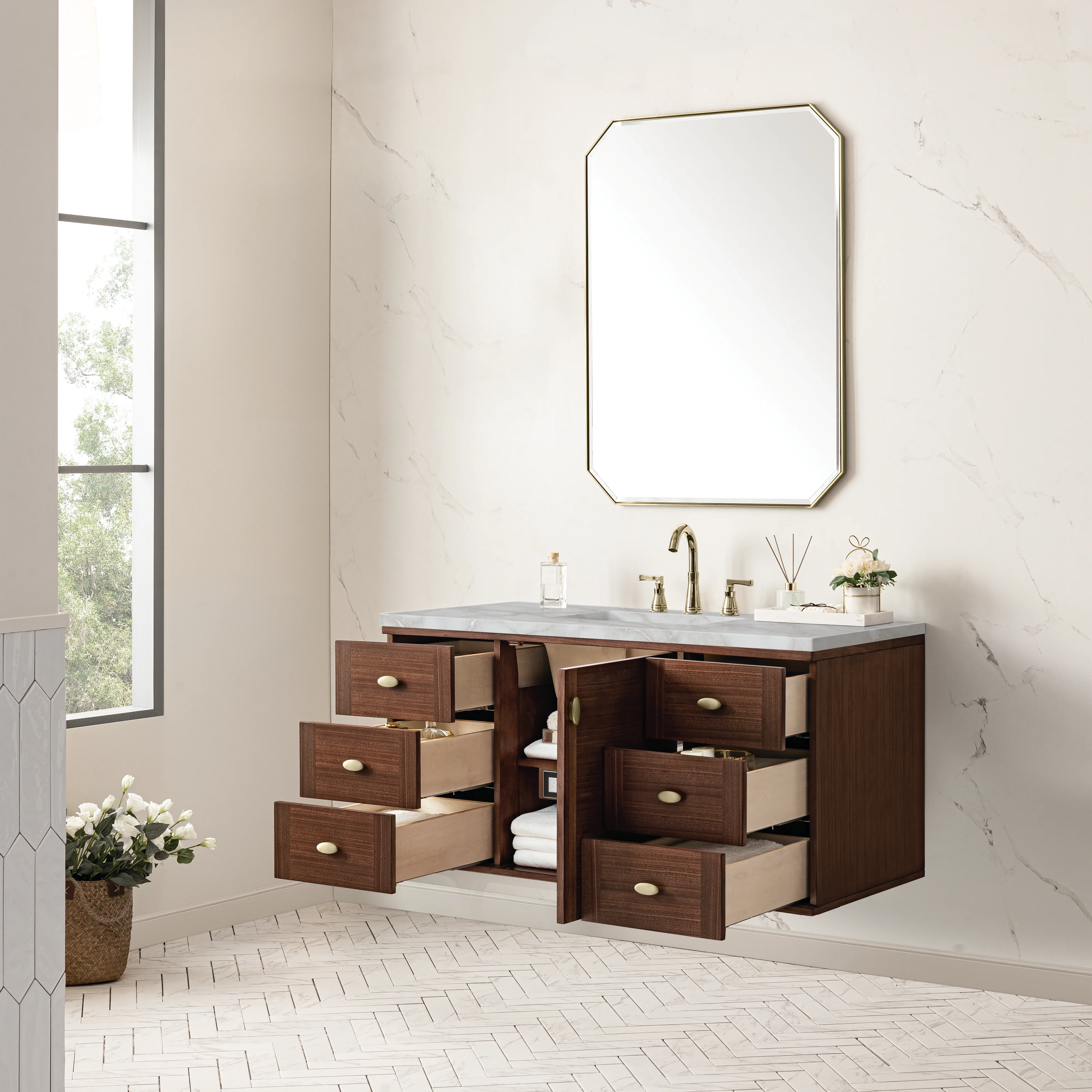 Amberly 48" Single Vanity, Mid-Century Walnut w/ 3 CM Victorian Silver Top