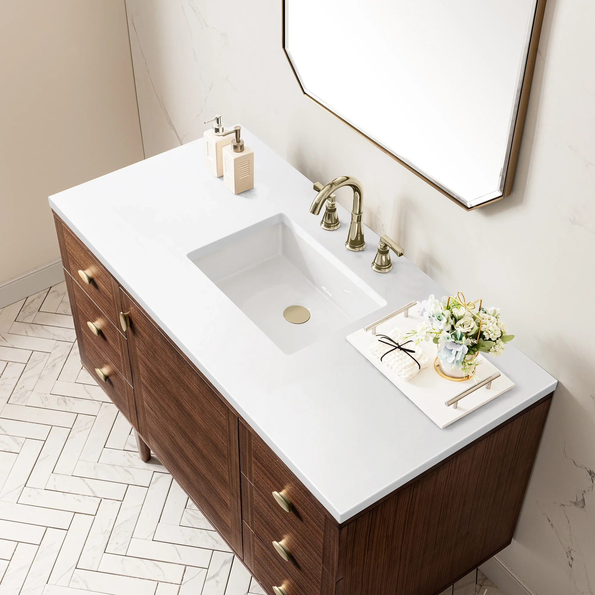 Amberly 48" Single Vanity, Mid-Century Walnut w/ 3 CM White Zeus Top