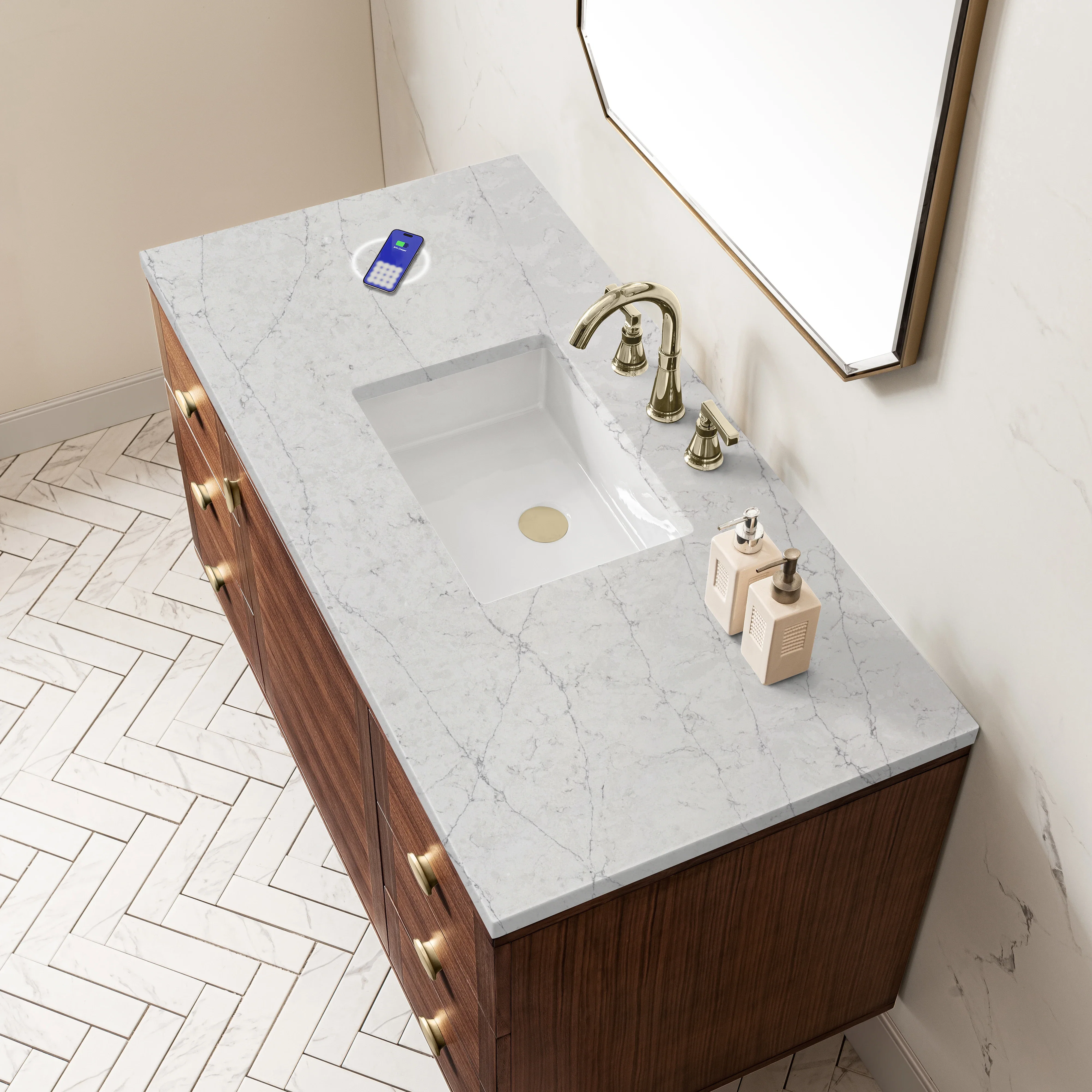 Amberly 48" Single Vanity, Mid-Century Walnut w/ 3 CM Eternal Jasmine Pearl Top w/FreePower Wireless Charger