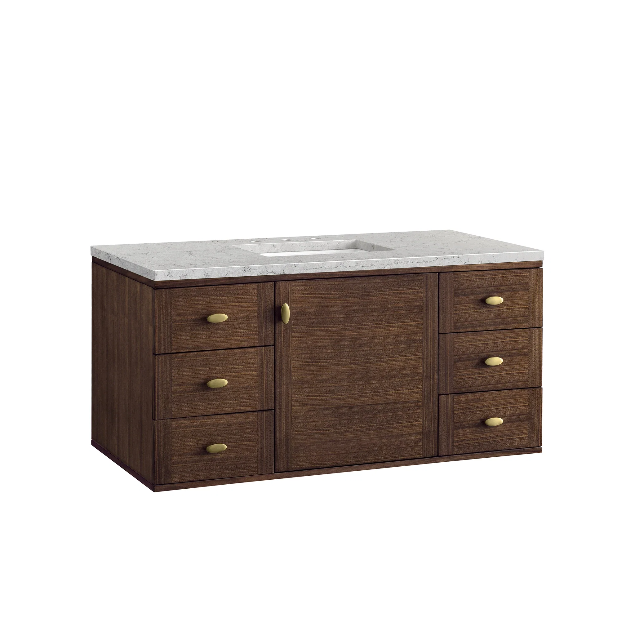Amberly 48" Single Vanity, Mid-Century Walnut w/ 3 CM Eternal Jasmine Pearl Top w/FreePower Wireless Charger