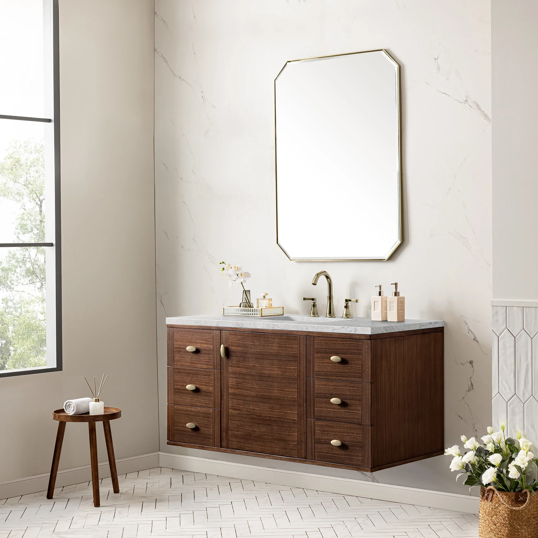Amberly 48" Single Vanity, Mid-Century Walnut w/ 3 CM Eternal Jasmine Pearl Top w/FreePower Wireless Charger