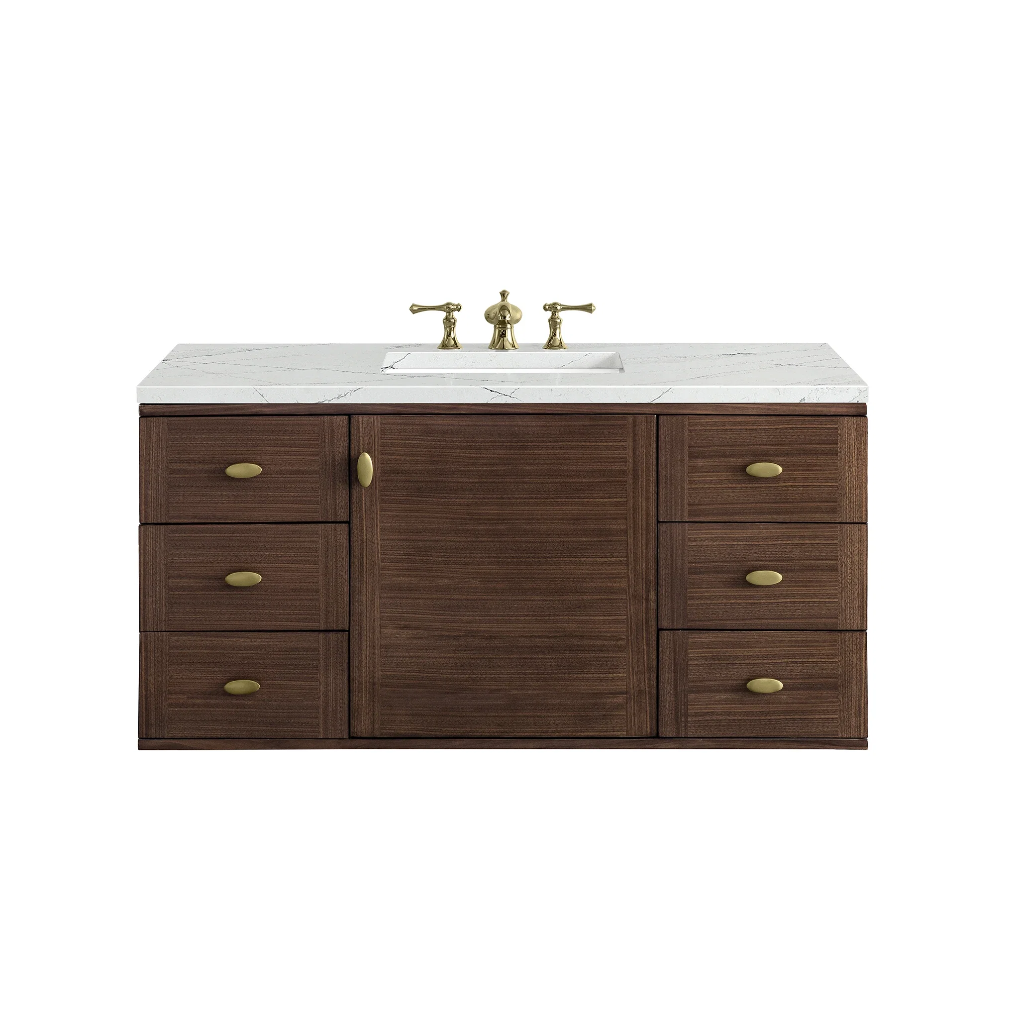Amberly 48" Single Vanity, Mid-Century Walnut w/ 3 CM Ethereal Noctis Top w/FreePower Wireless Charger