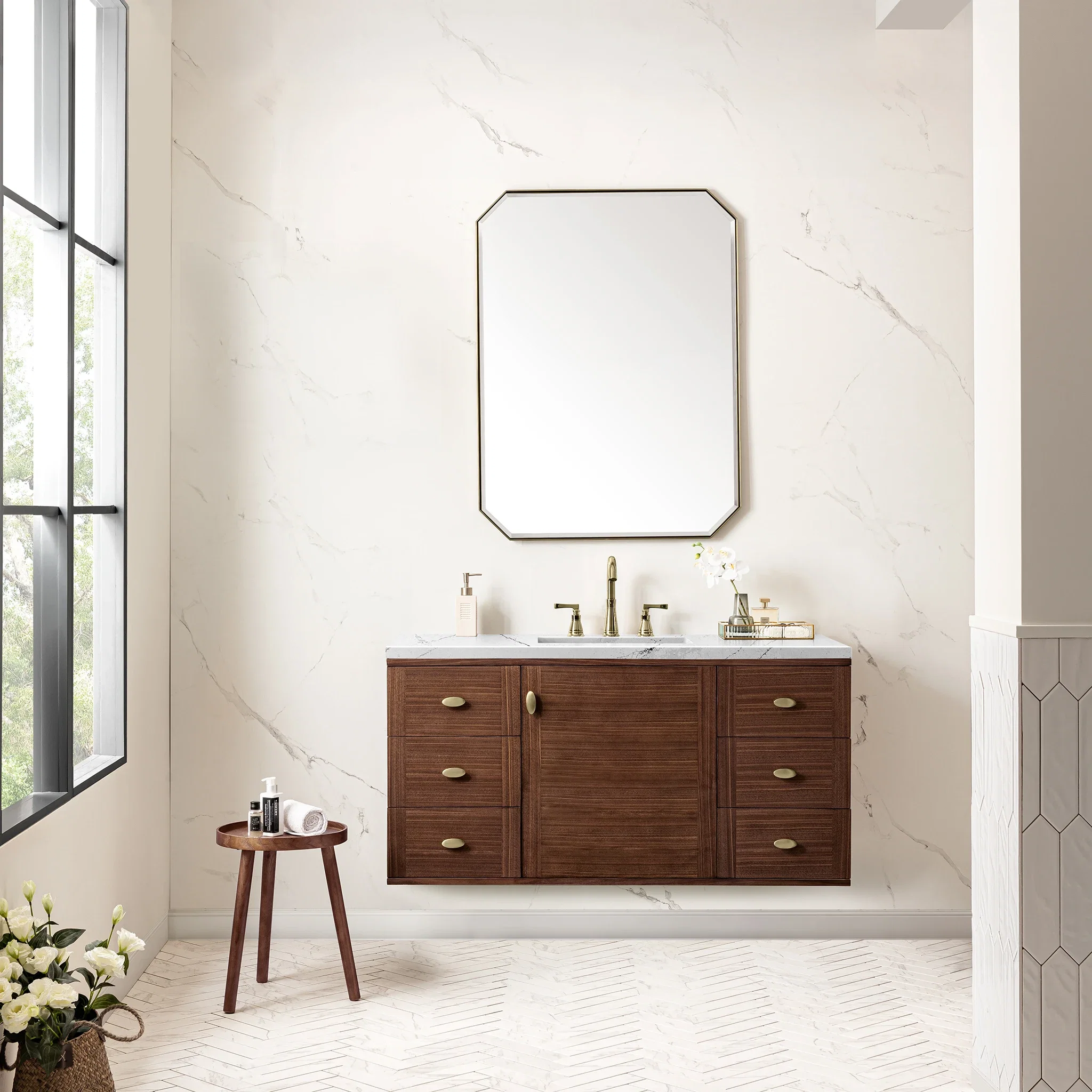 Amberly 48" Single Vanity, Mid-Century Walnut w/ 3 CM Ethereal Noctis Top w/FreePower Wireless Charger