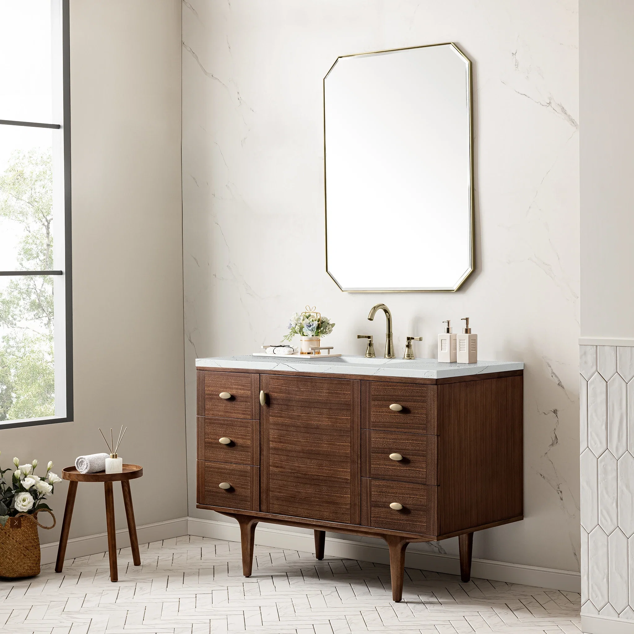 Amberly 48" Single Vanity, Mid-Century Walnut w/ 3 CM Ethereal Noctis Top w/FreePower Wireless Charger