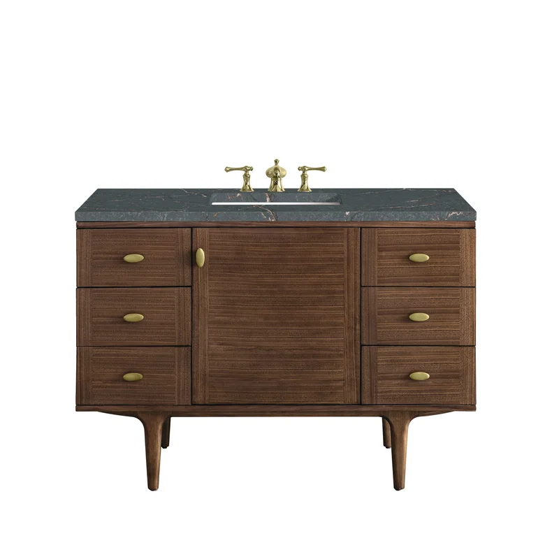 Amberly 48" Single Vanity, Mid-Century Walnut w/ 3 CM Parisien Bleu Top w/FreePower Wireless Charger