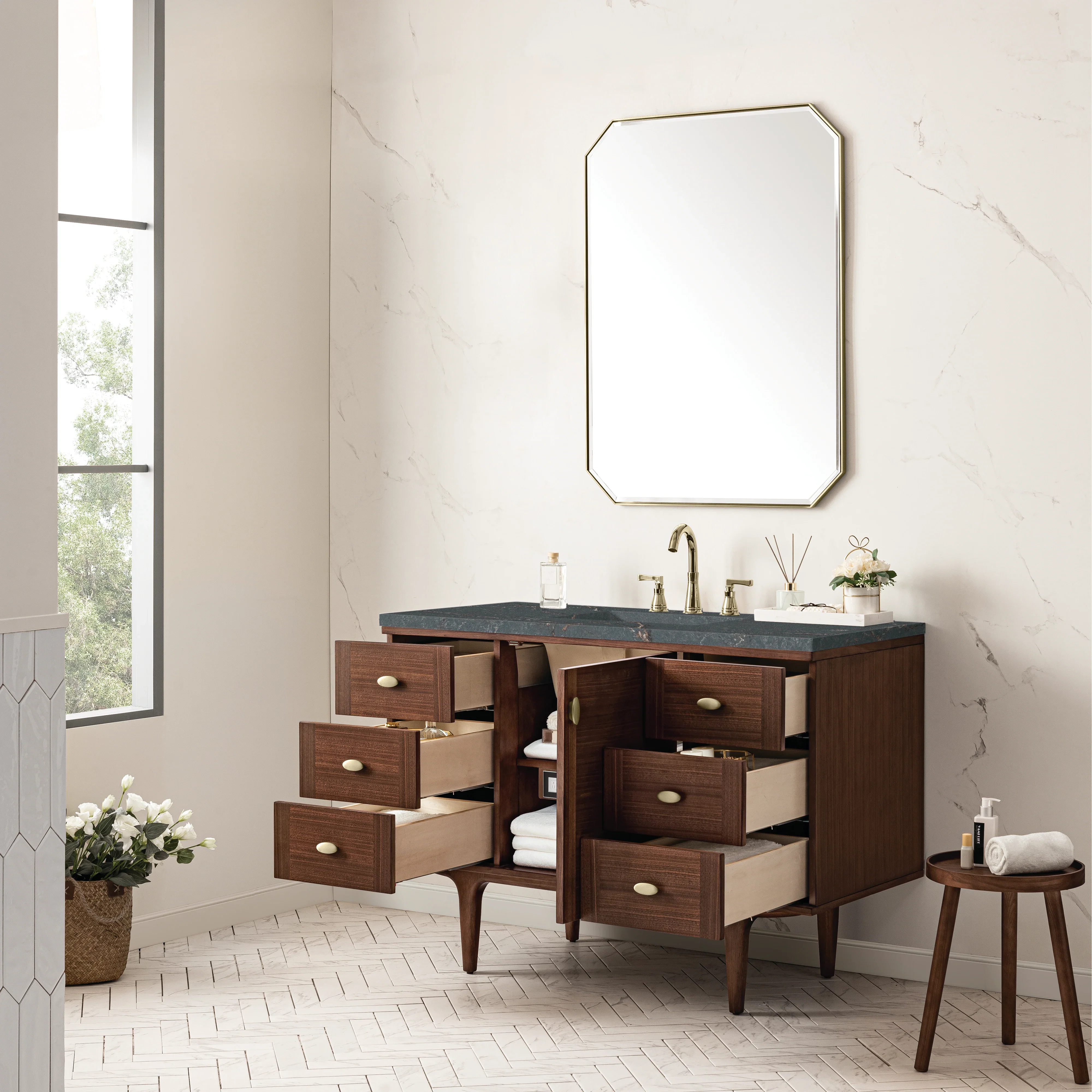 Amberly 48" Single Vanity, Mid-Century Walnut w/ 3 CM Parisien Bleu Top w/FreePower Wireless Charger
