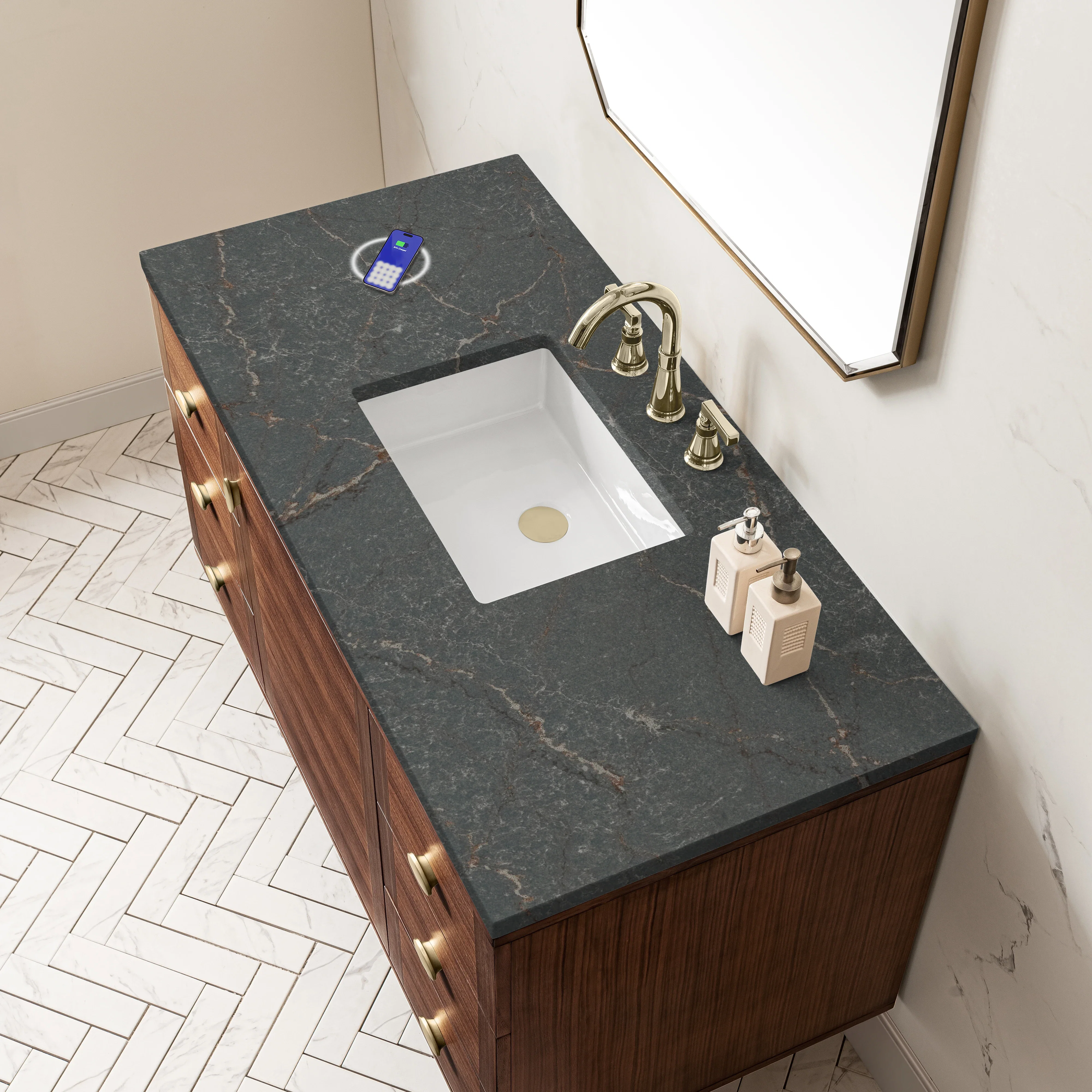 Amberly 48" Single Vanity, Mid-Century Walnut w/ 3 CM Parisien Bleu Top w/FreePower Wireless Charger