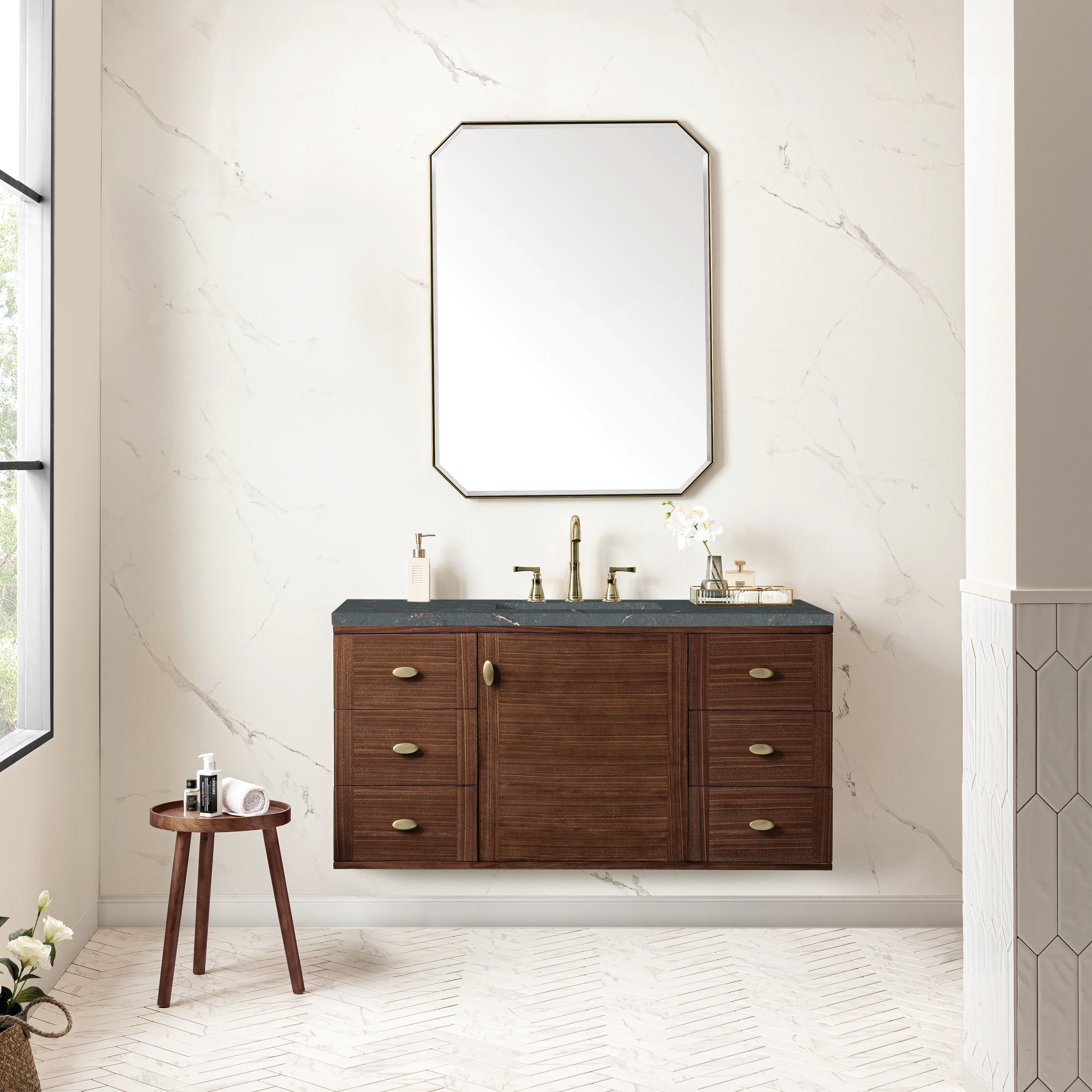 Amberly 48" Single Vanity, Mid-Century Walnut w/ 3 CM Parisien Bleu Top w/FreePower Wireless Charger