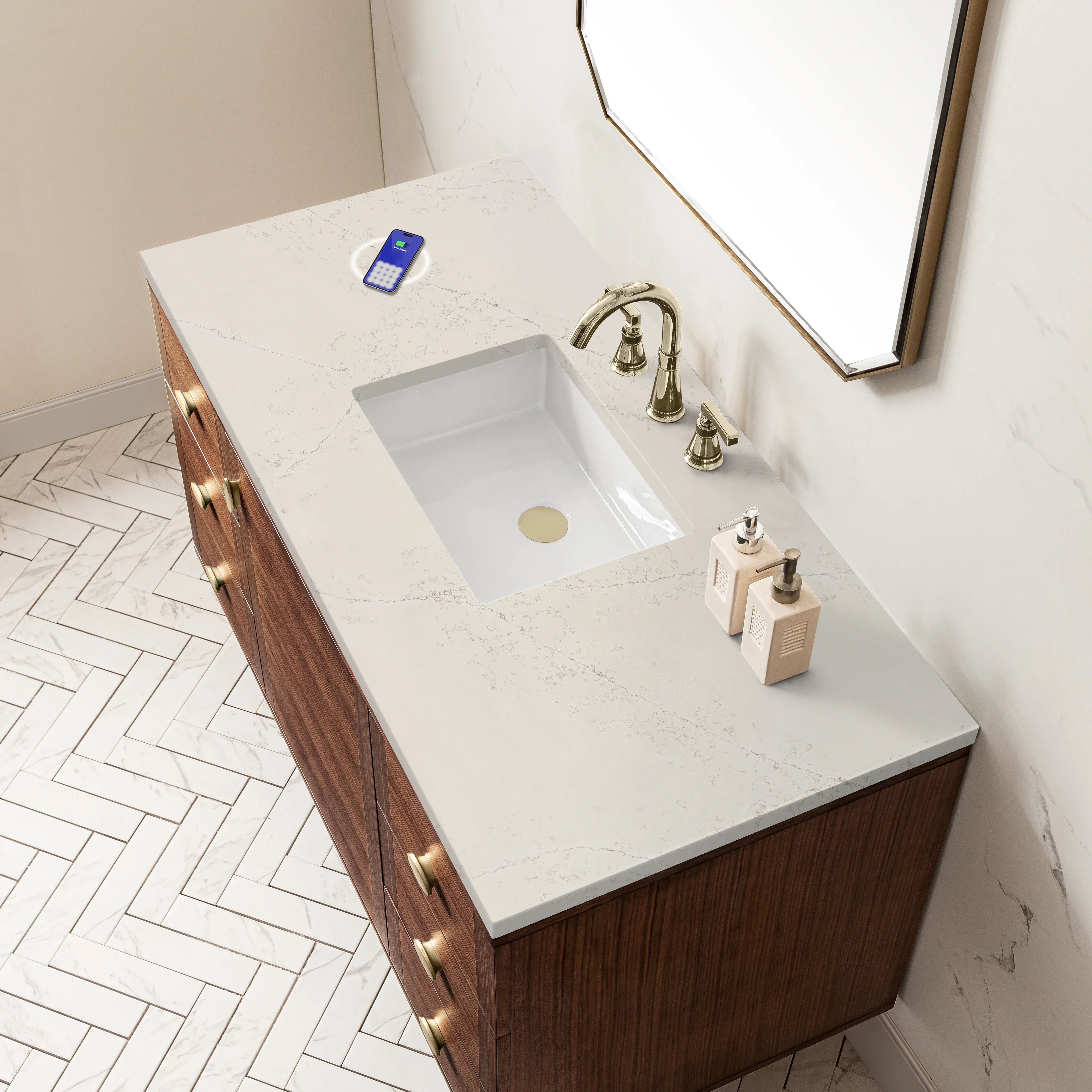 Amberly 48" Single Vanity, Mid-Century Walnut, w/ 3 CM Siberian Silestone Top w/FreePower Wireless Charger