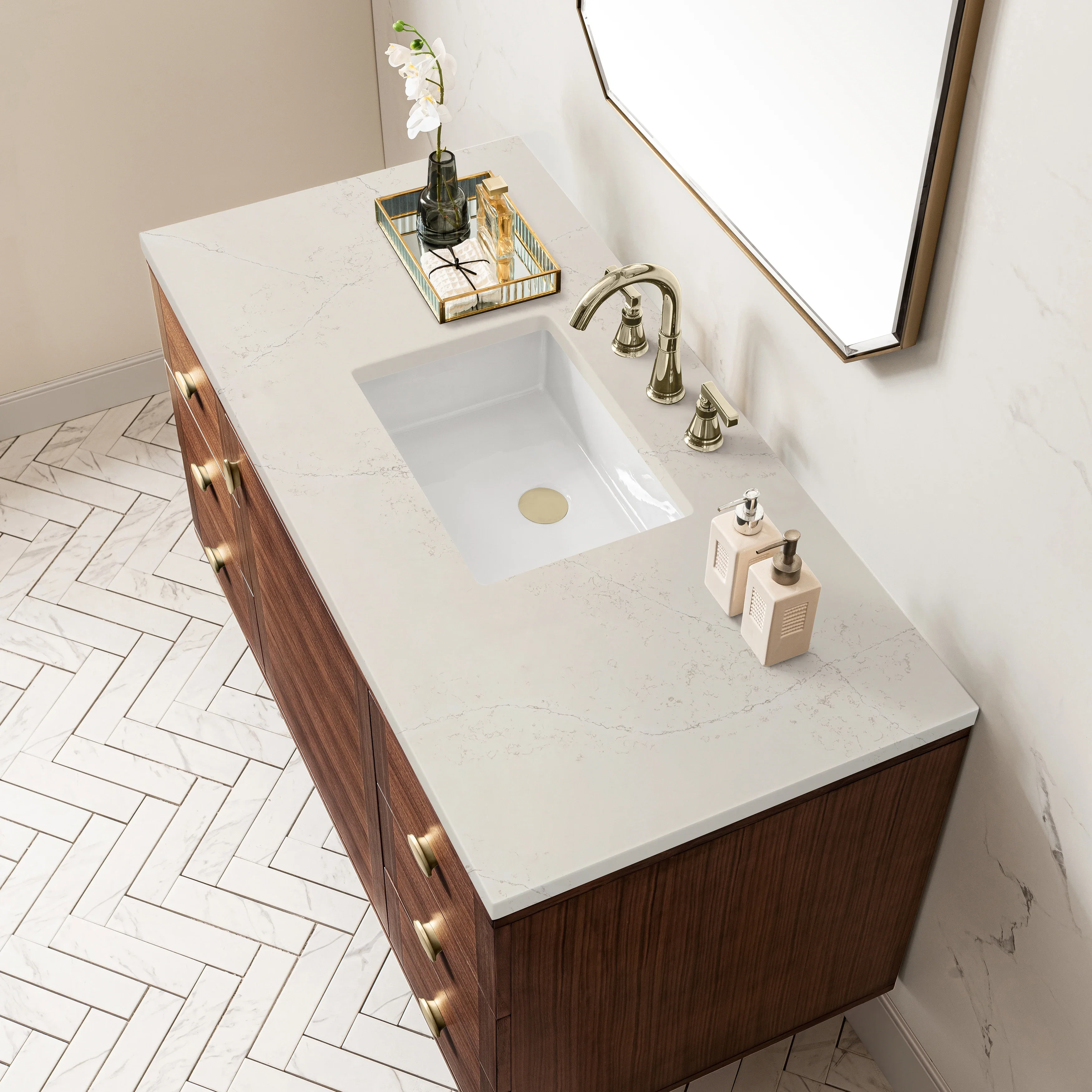 Amberly 48" Single Vanity, Mid-Century Walnut, w/ 3 CM Siberian Silestone Top w/FreePower Wireless Charger