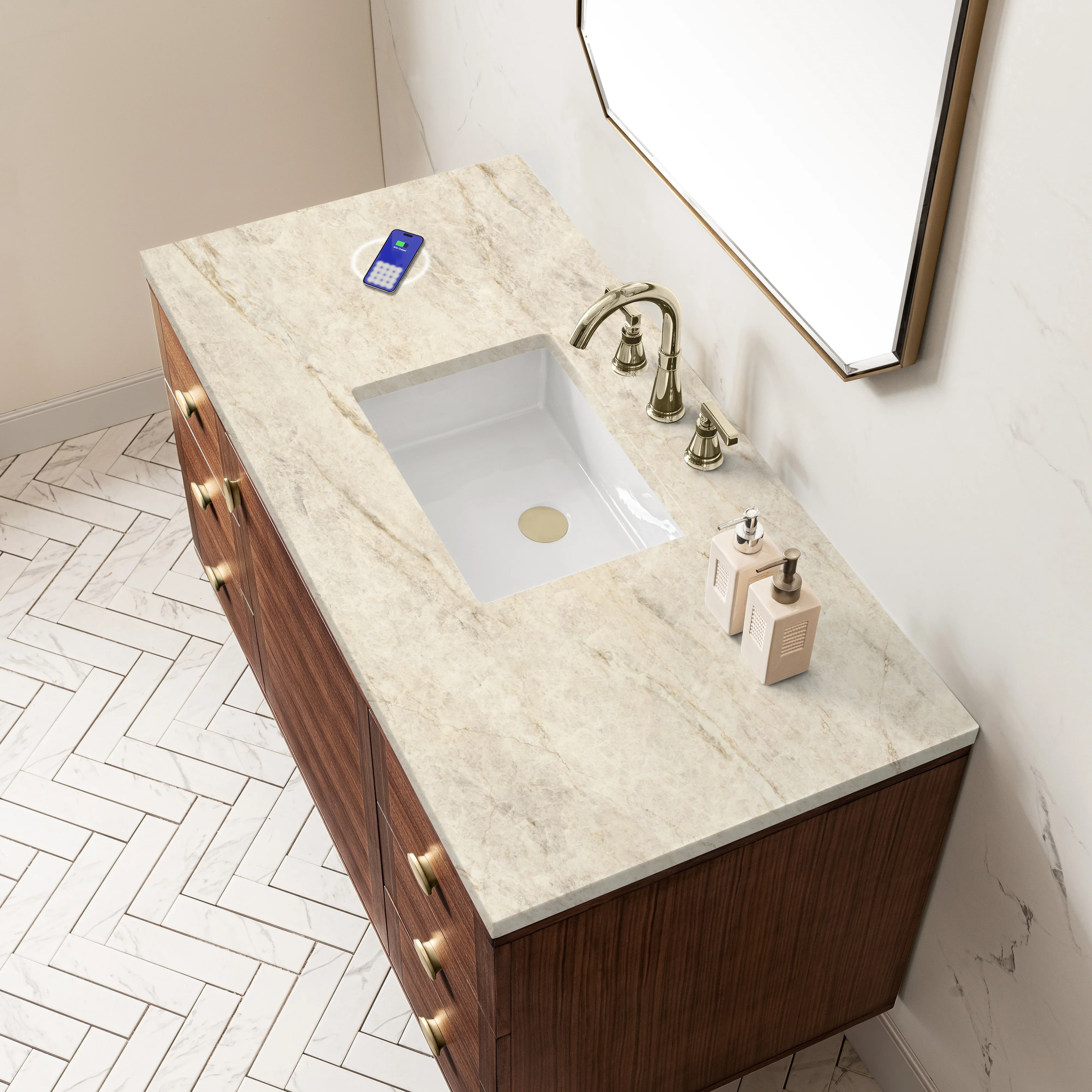 Amberly 48" Single Vanity, Mid-Century Walnut, w/ 3 CM Tajnar Eclos Top w/FreePower Wireless Charger