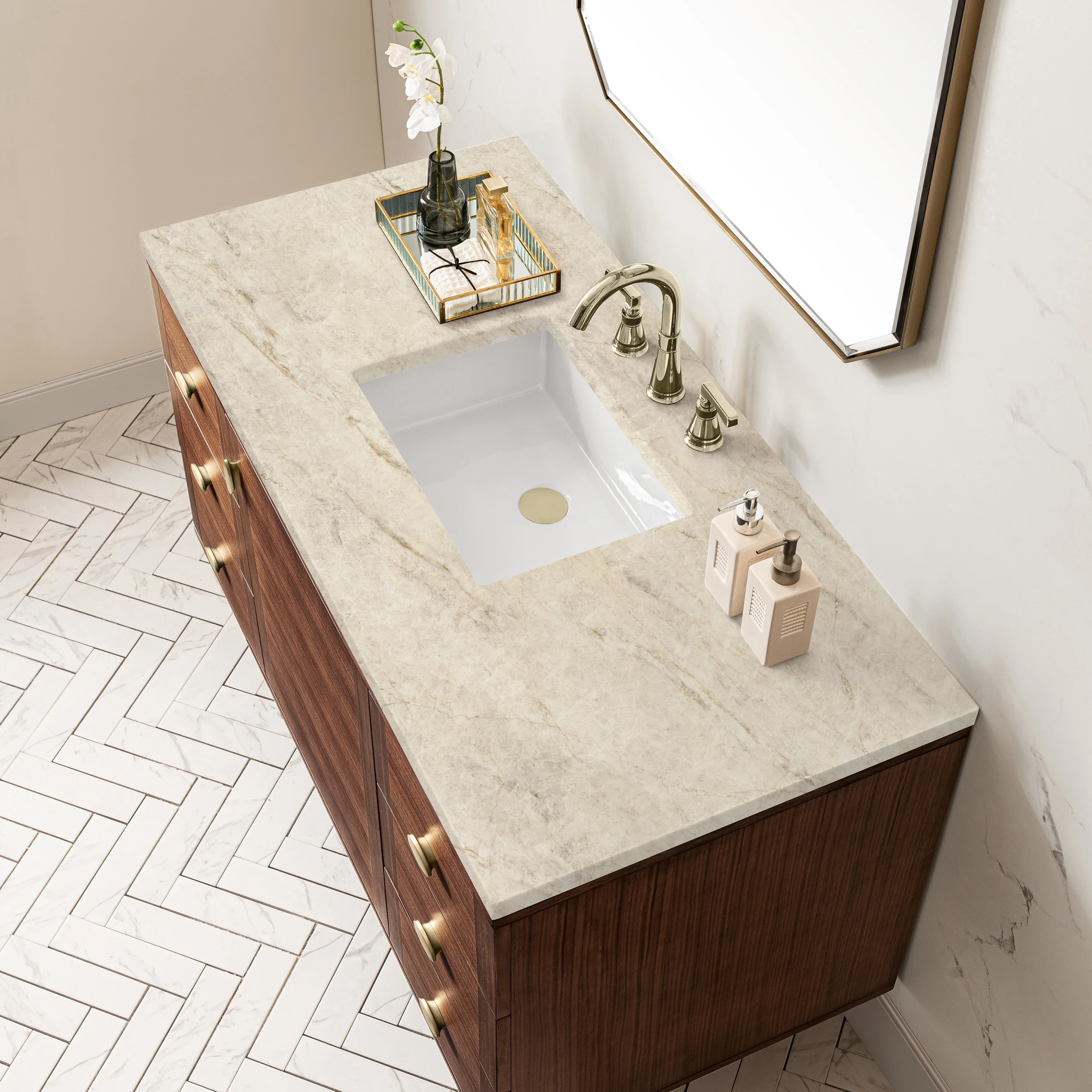 Amberly 48" Single Vanity, Mid-Century Walnut, w/ 3 CM Tajnar Eclos Top w/FreePower Wireless Charger