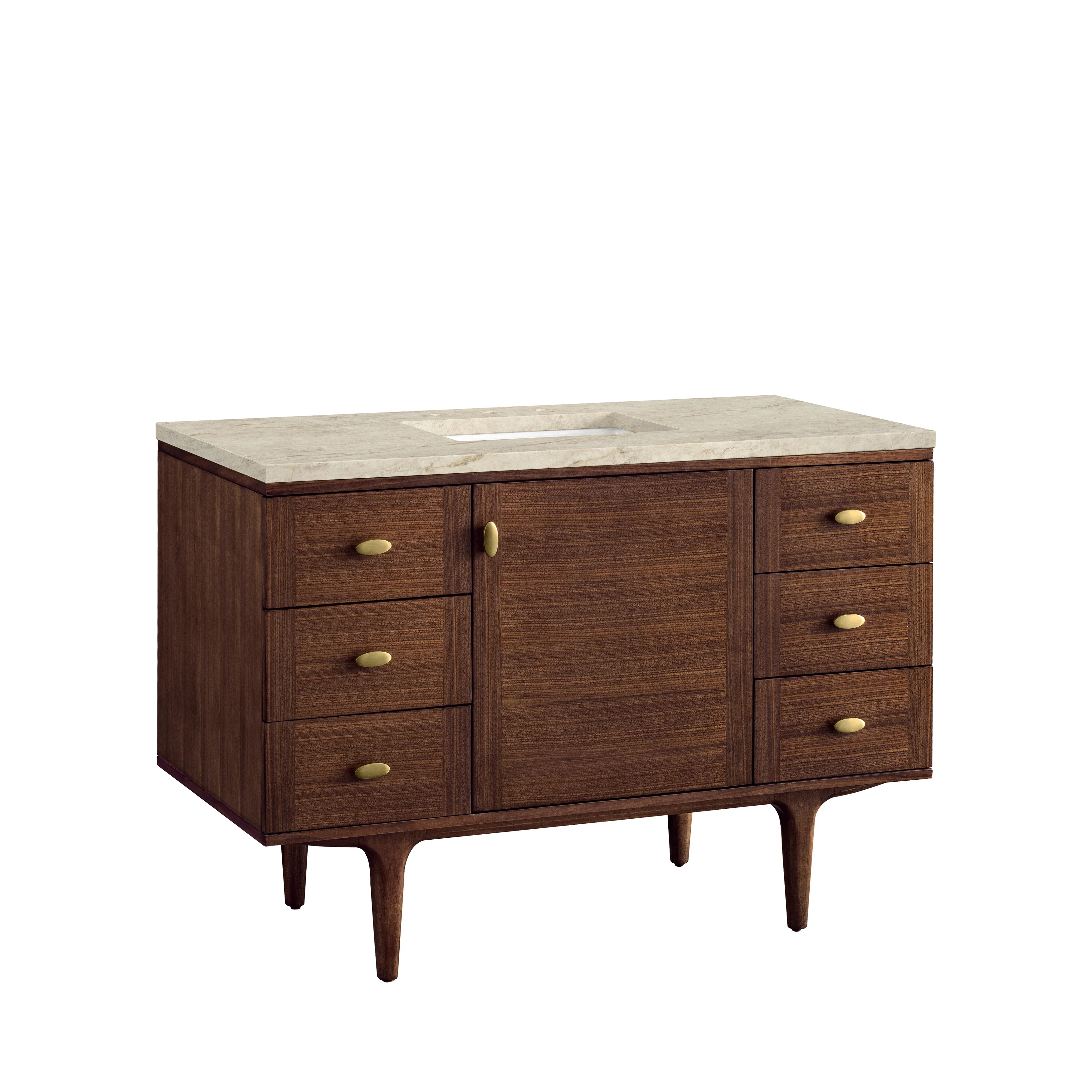 Amberly 48" Single Vanity, Mid-Century Walnut, w/ 3 CM Tajnar Eclos Top w/FreePower Wireless Charger