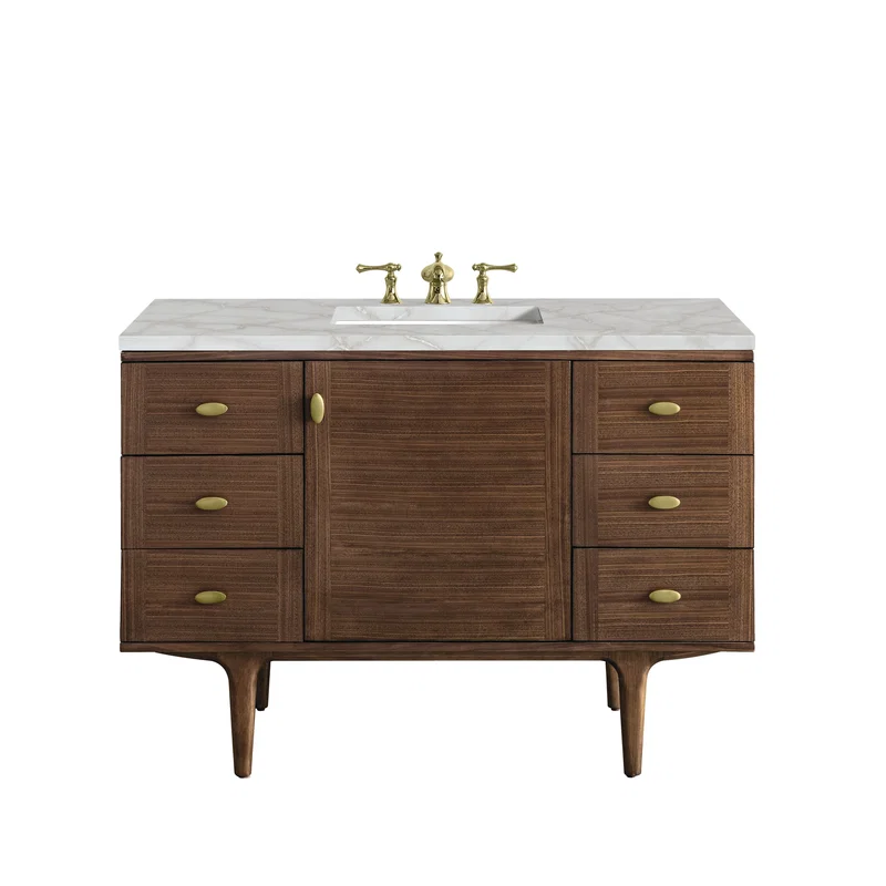 Amberly 48" Single Vanity, Mid-Century Walnut w/ 3 CM Victorian Silver Top w/FreePower Wireless Charger