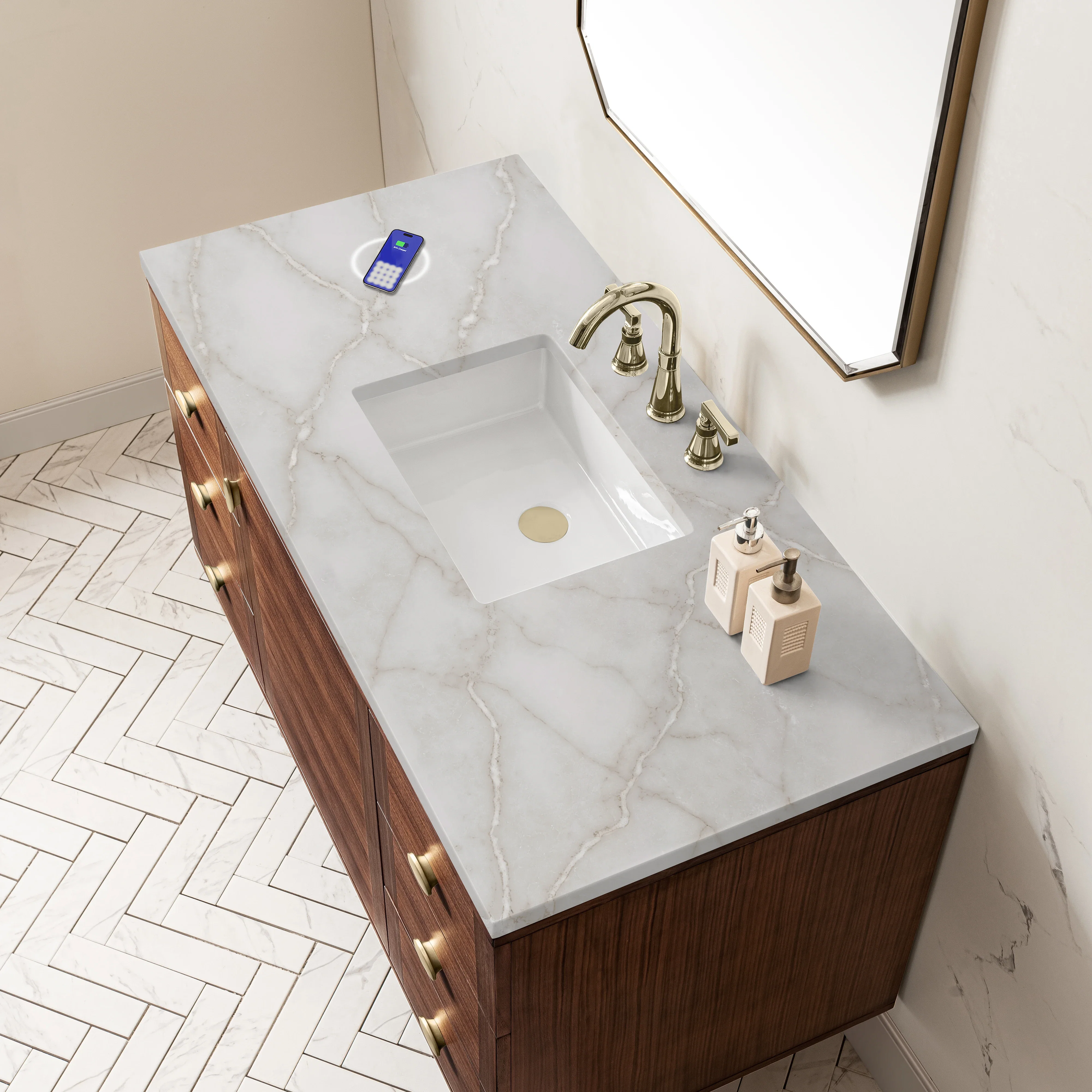 Amberly 48" Single Vanity, Mid-Century Walnut w/ 3 CM Victorian Silver Top w/FreePower Wireless Charger