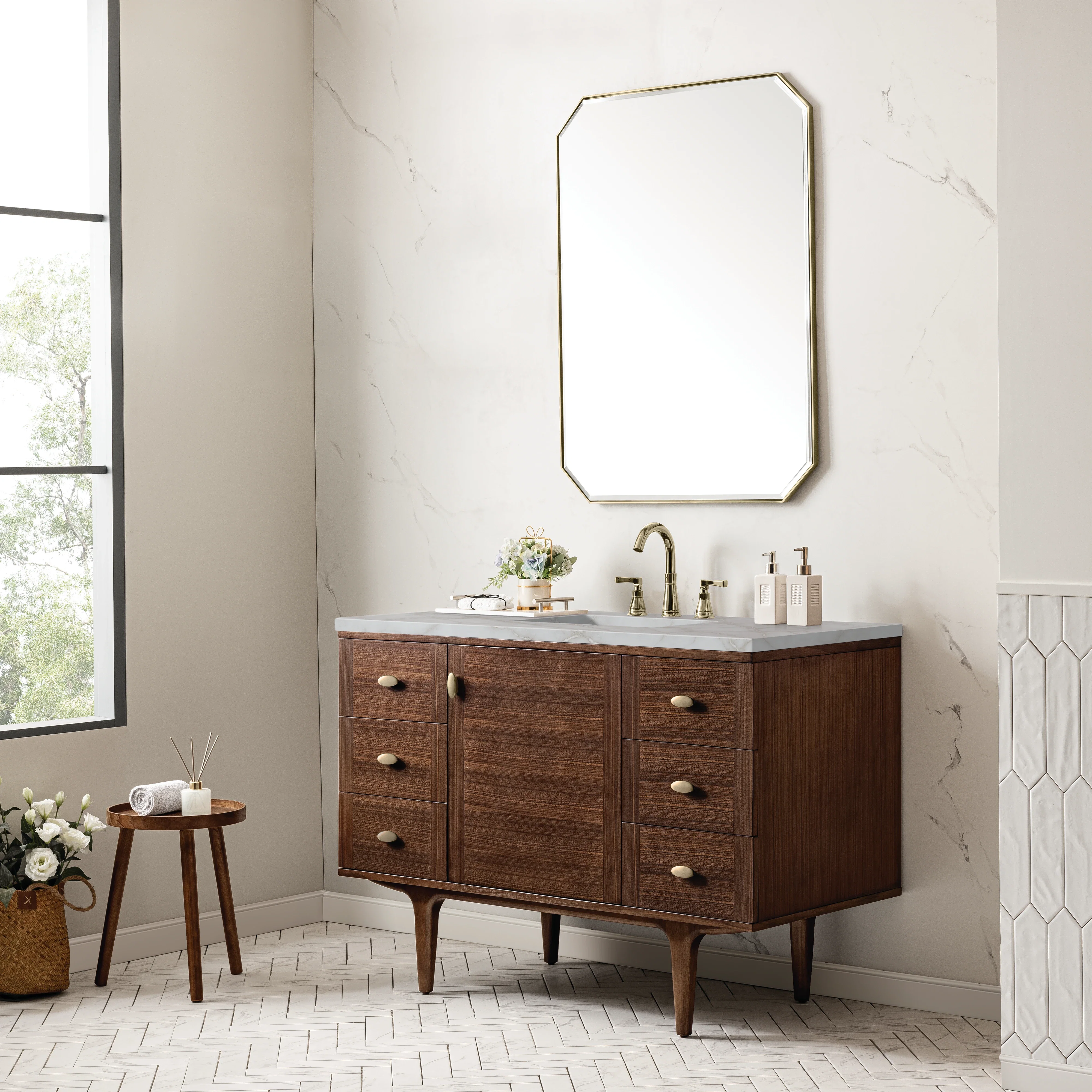 Amberly 48" Single Vanity, Mid-Century Walnut w/ 3 CM Victorian Silver Top w/FreePower Wireless Charger