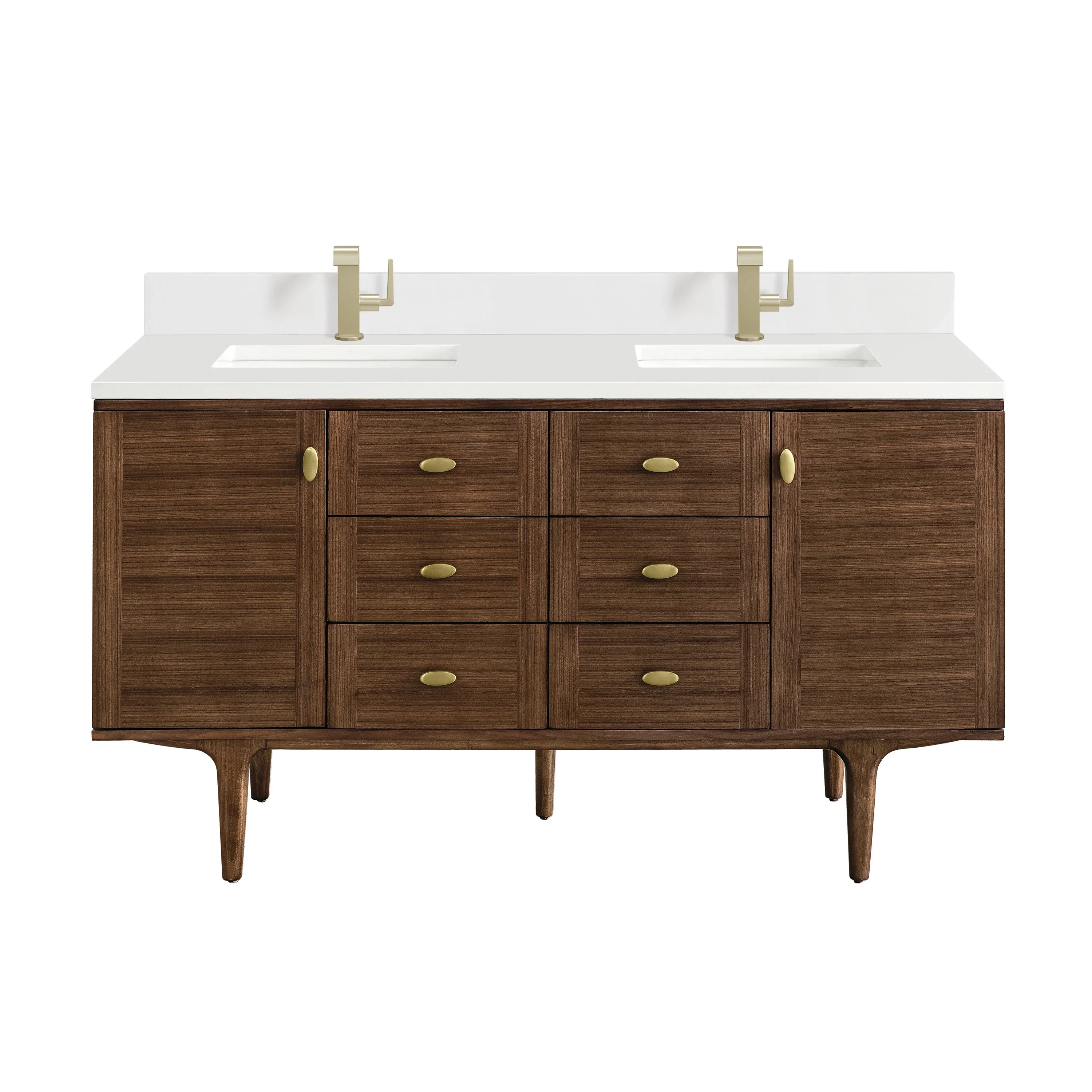Amberly 60" Double Vanity, Mid-Century Walnut w/ Single Hole 3 CM White Zeus Top & Backsplash