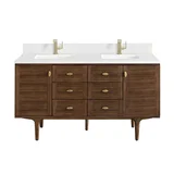 Amberly 60" Double Vanity, Mid-Century Walnut w/ Single Hole 3 CM White Zeus Top & Backsplash
