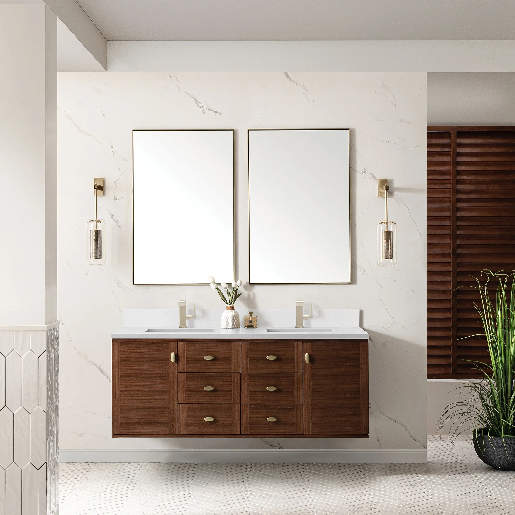 Amberly 60" Double Vanity, Mid-Century Walnut w/ Single Hole 3 CM White Zeus Top & Backsplash