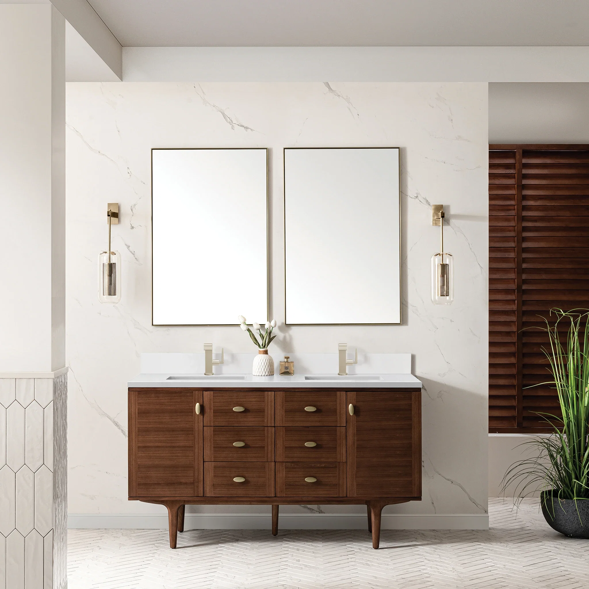 Amberly 60" Double Vanity, Mid-Century Walnut w/ Single Hole 3 CM White Zeus Top & Backsplash