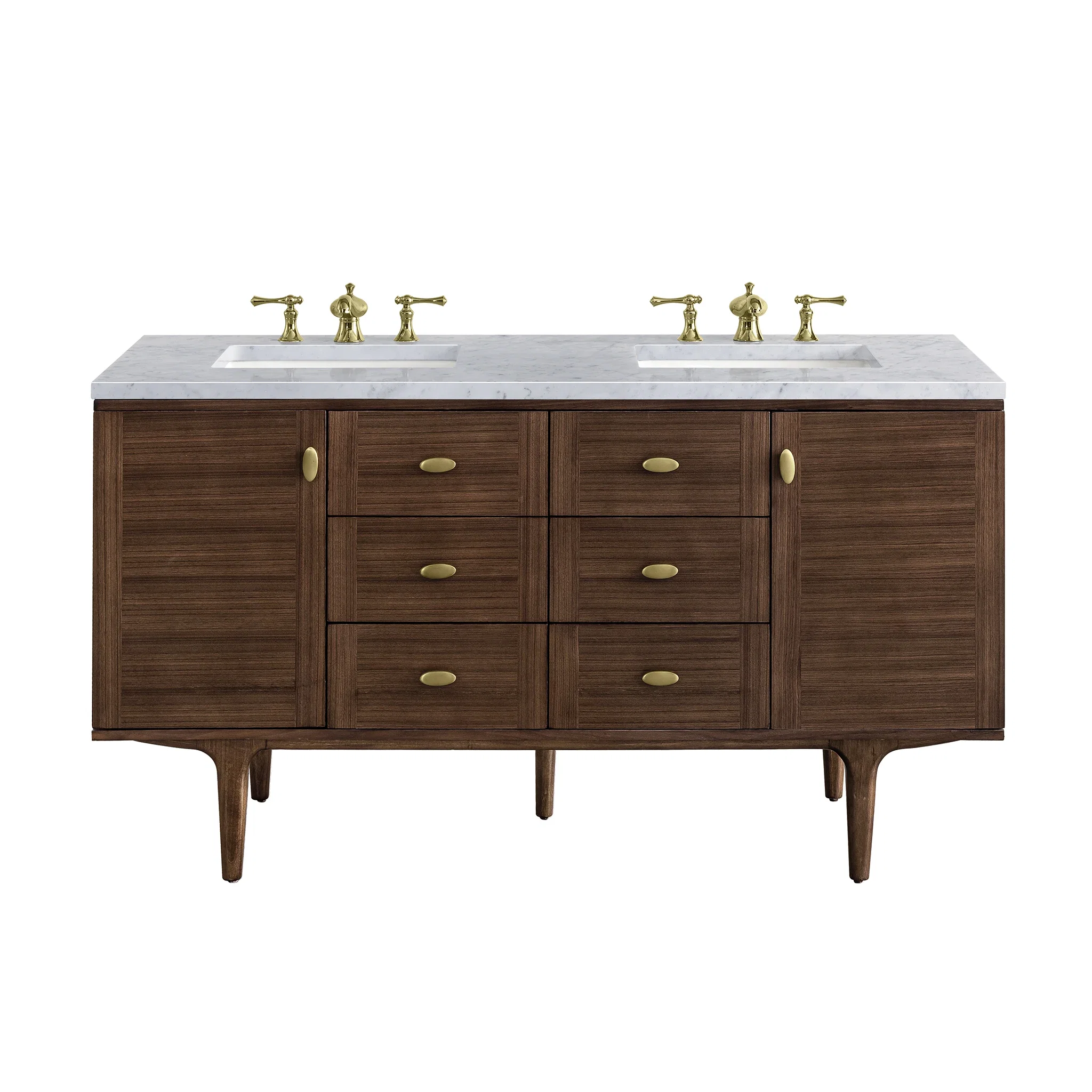 Amberly 60" Double Vanity, Mid-Century Walnut w/ 3 CM Carrara Marble Top