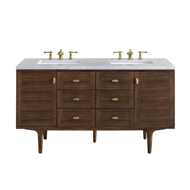 Amberly 60" Double Vanity, Mid-Century Walnut w/ 3 CM Carrara Marble Top
