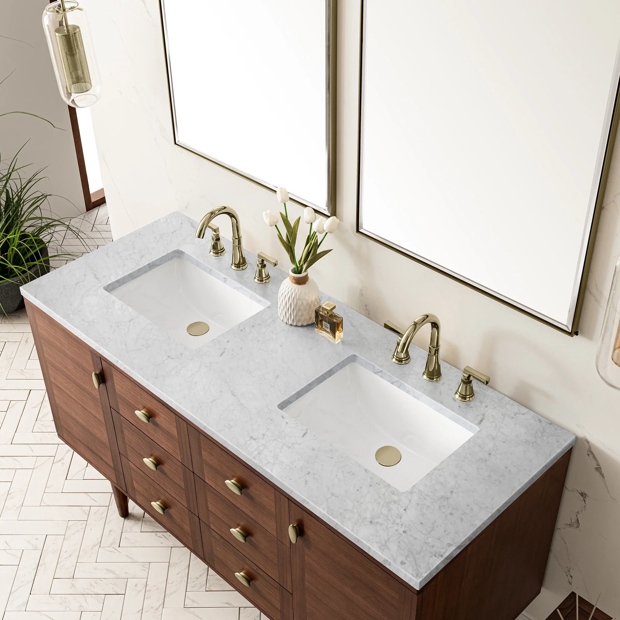 Amberly 60" Double Vanity, Mid-Century Walnut w/ 3 CM Carrara Marble Top