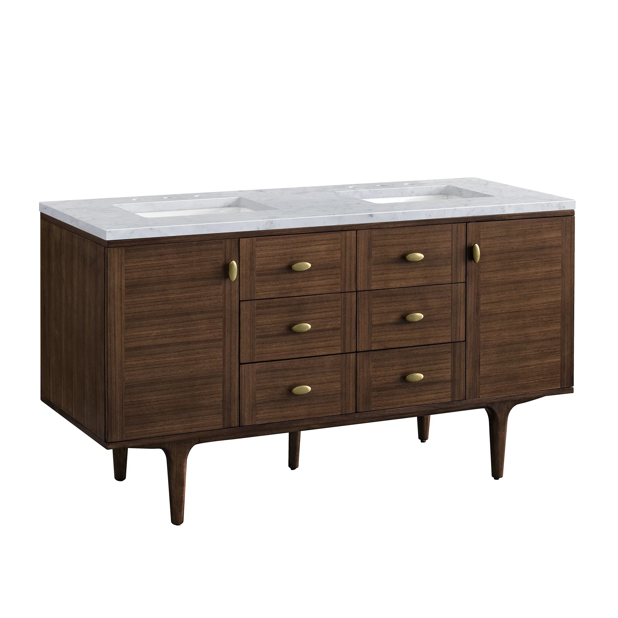 Amberly 60" Double Vanity, Mid-Century Walnut w/ 3 CM Carrara Marble Top