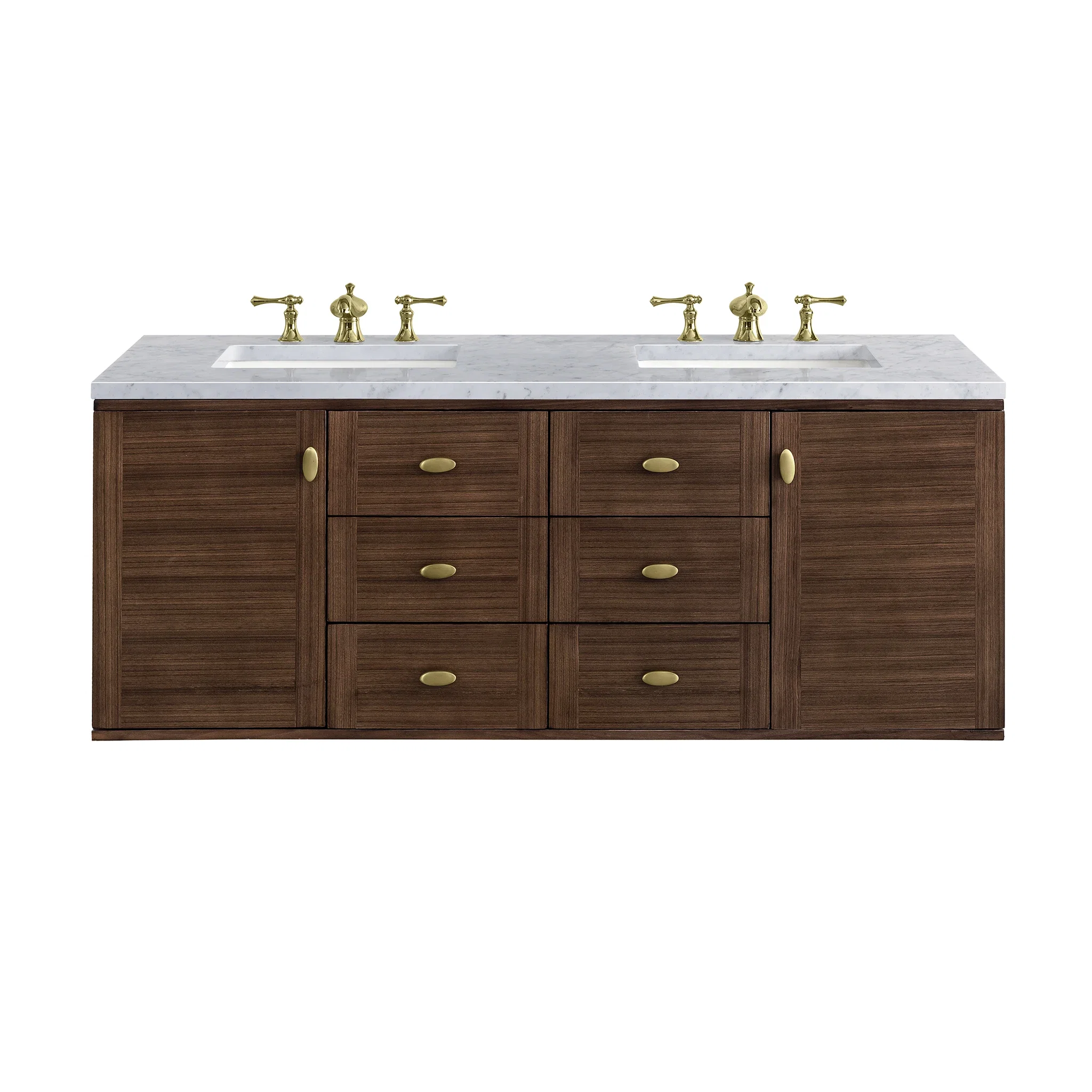 Amberly 60" Double Vanity, Mid-Century Walnut w/ 3 CM Carrara Marble Top