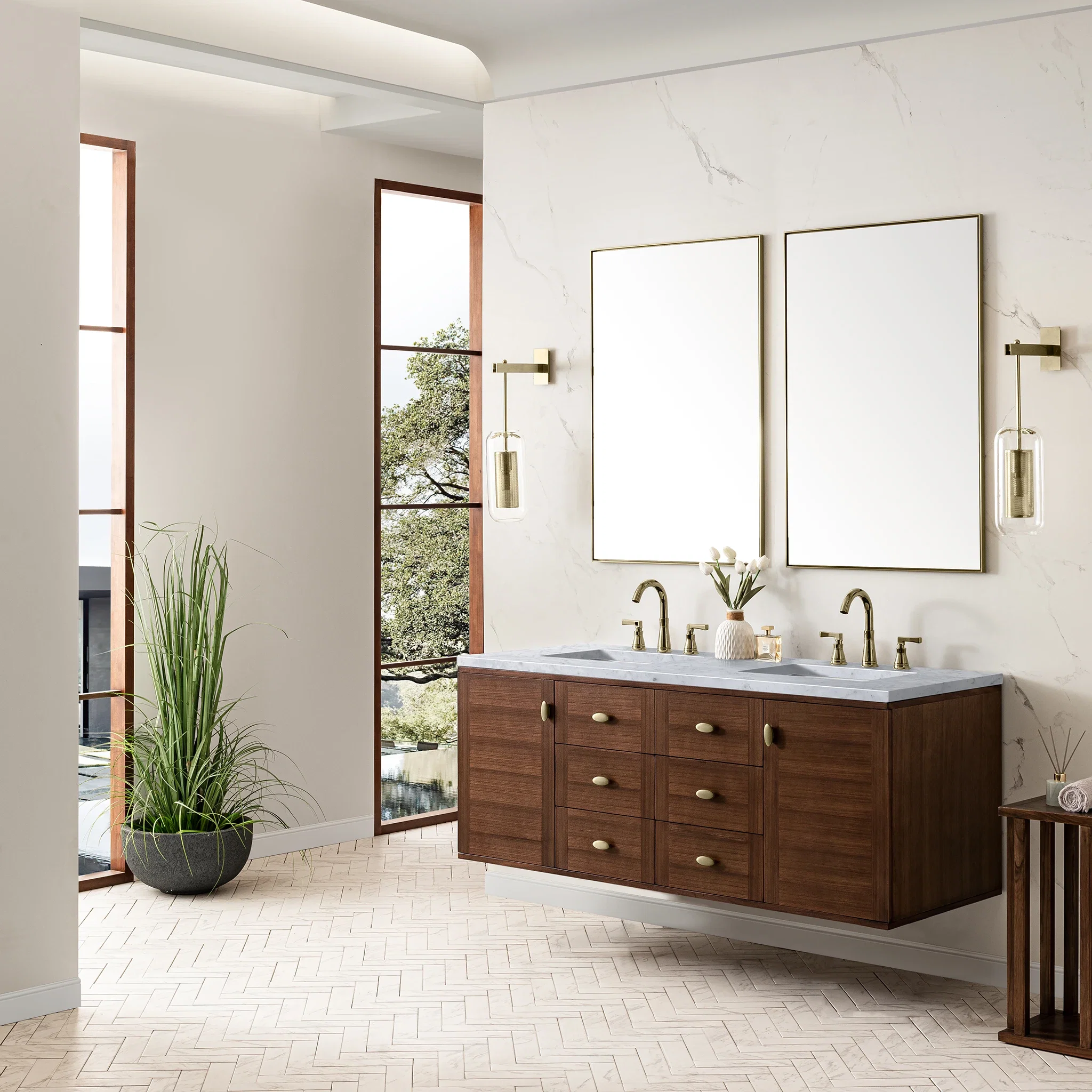 Amberly 60" Double Vanity, Mid-Century Walnut w/ 3 CM Carrara Marble Top
