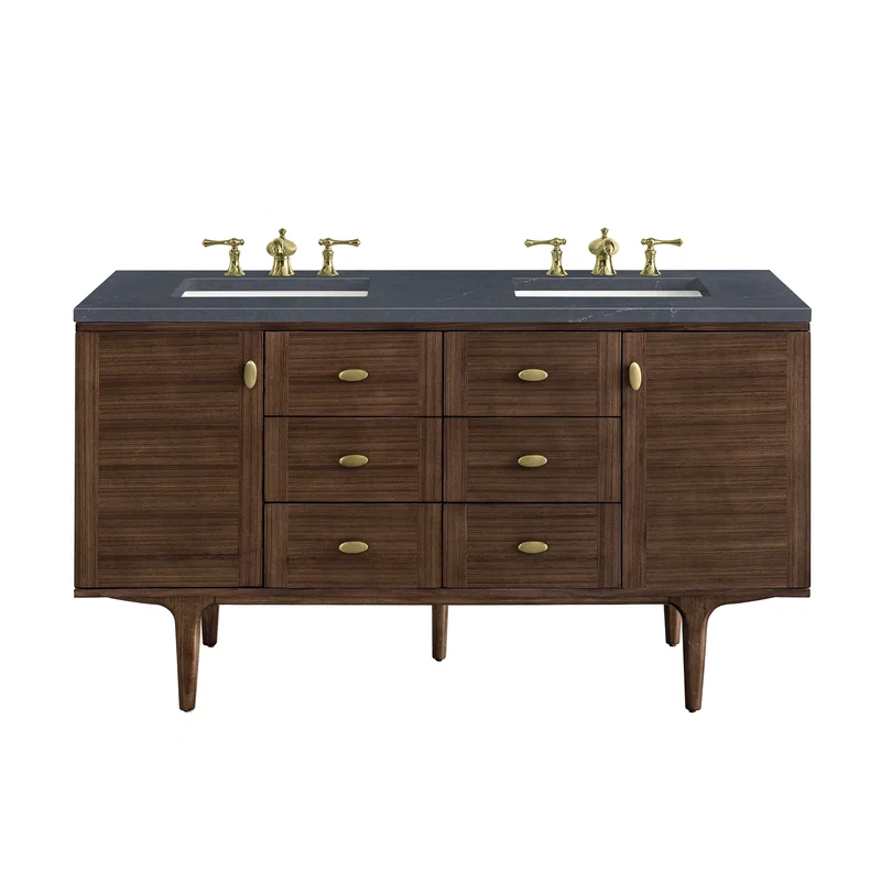 Amberly 60" Double Vanity, Mid-Century Walnut w/ 3 CM Charcoal Soapstone Top