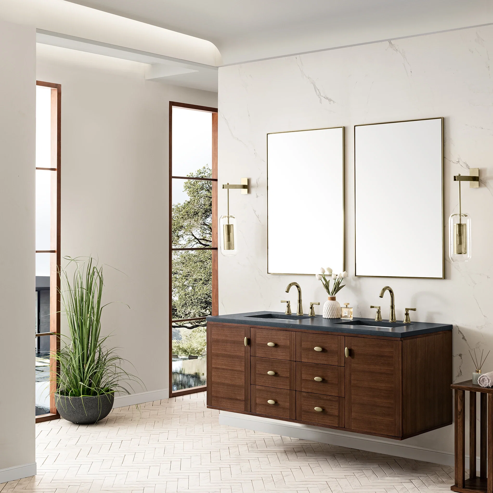 Amberly 60" Double Vanity, Mid-Century Walnut w/ 3 CM Charcoal Soapstone Top