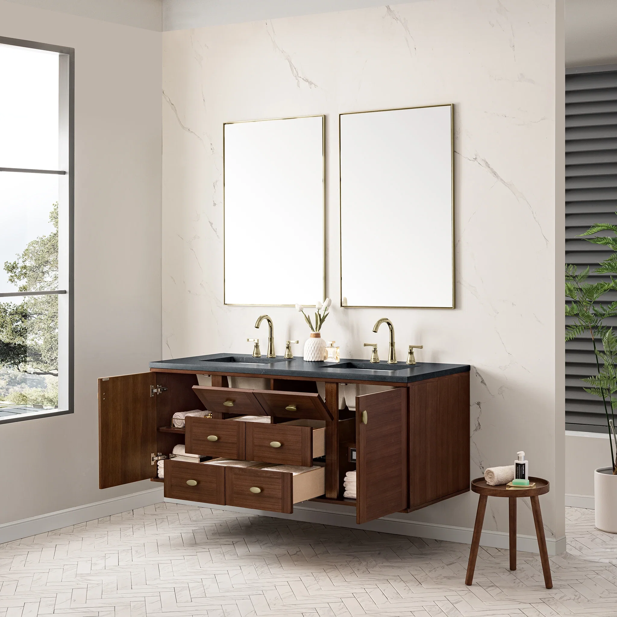 Amberly 60" Double Vanity, Mid-Century Walnut w/ 3 CM Charcoal Soapstone Top