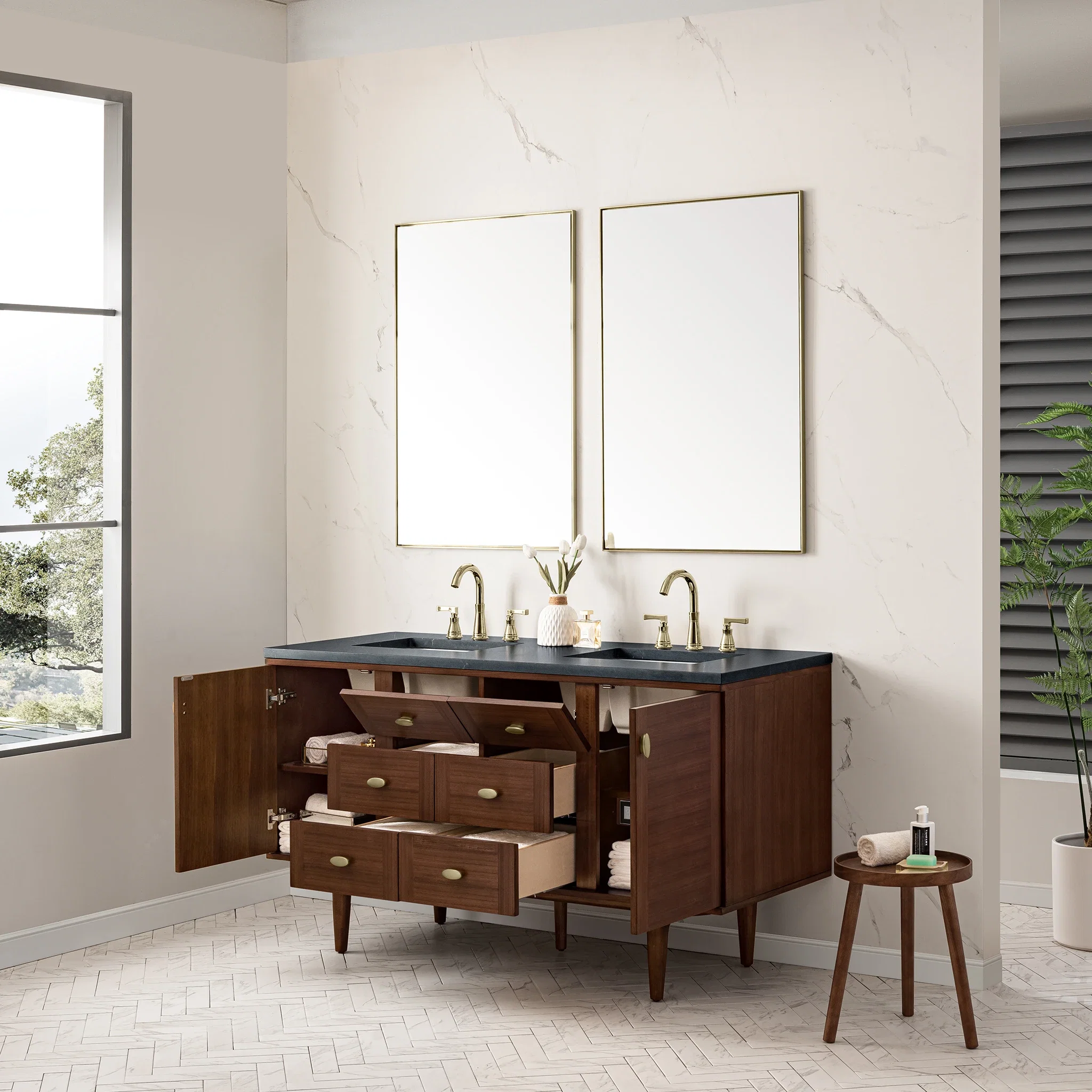 Amberly 60" Double Vanity, Mid-Century Walnut w/ 3 CM Charcoal Soapstone Top