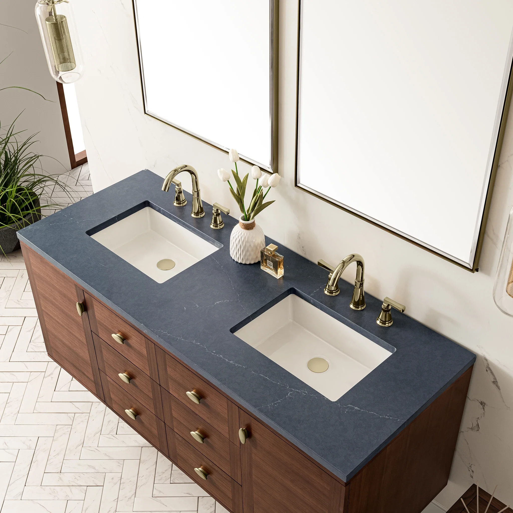Amberly 60" Double Vanity, Mid-Century Walnut w/ 3 CM Charcoal Soapstone Top