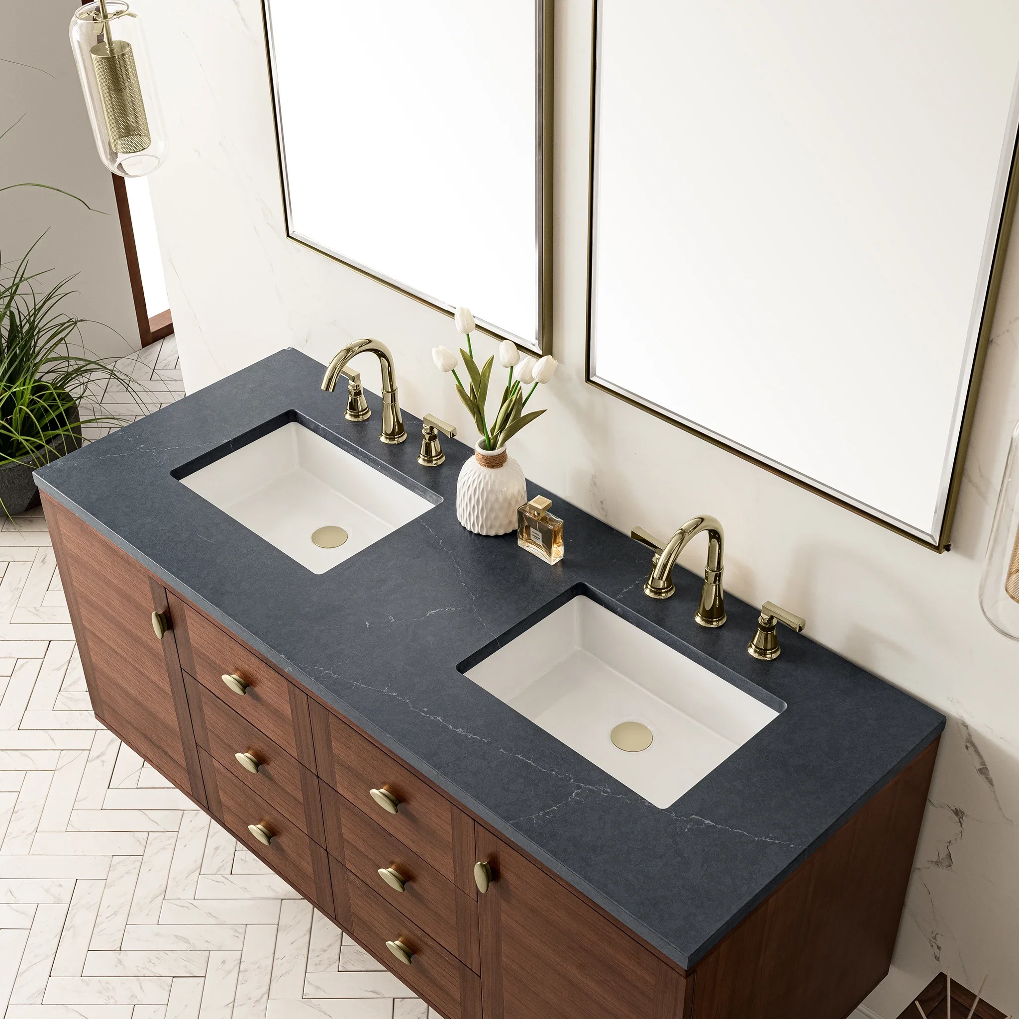Amberly 60" Double Vanity, Mid-Century Walnut w/ 3 CM Charcoal Soapstone Top