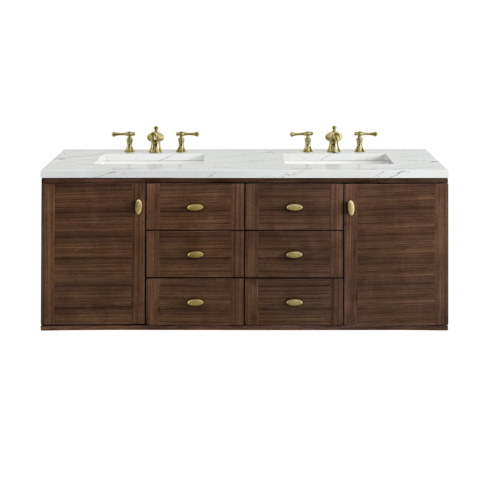 Amberly 60" Double Vanity, Mid-Century Walnut w/ 3 CM Ethereal Noctis Top