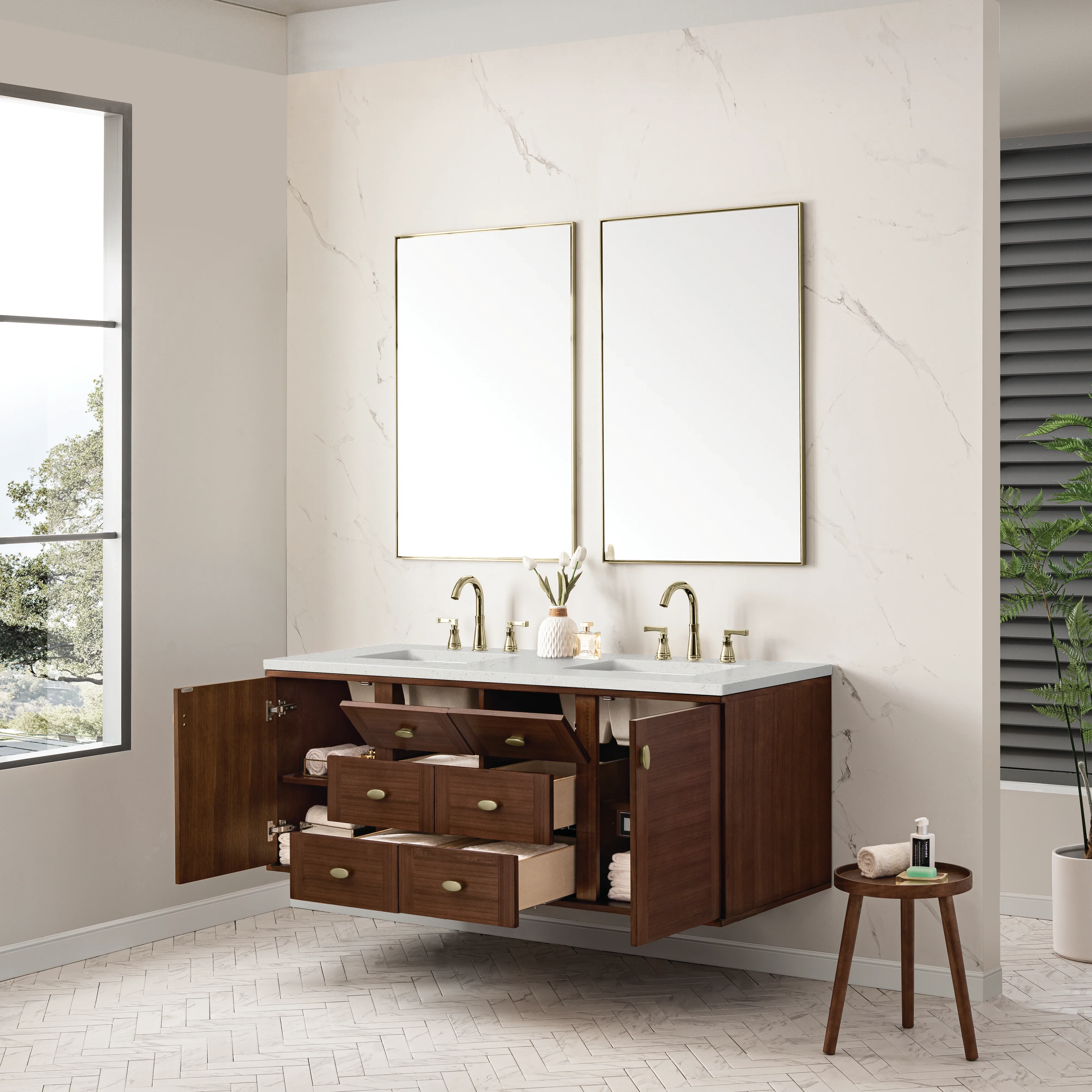 Amberly 60" Double Vanity, Mid-Century Walnut w/ 3 CM Lime Delight Top