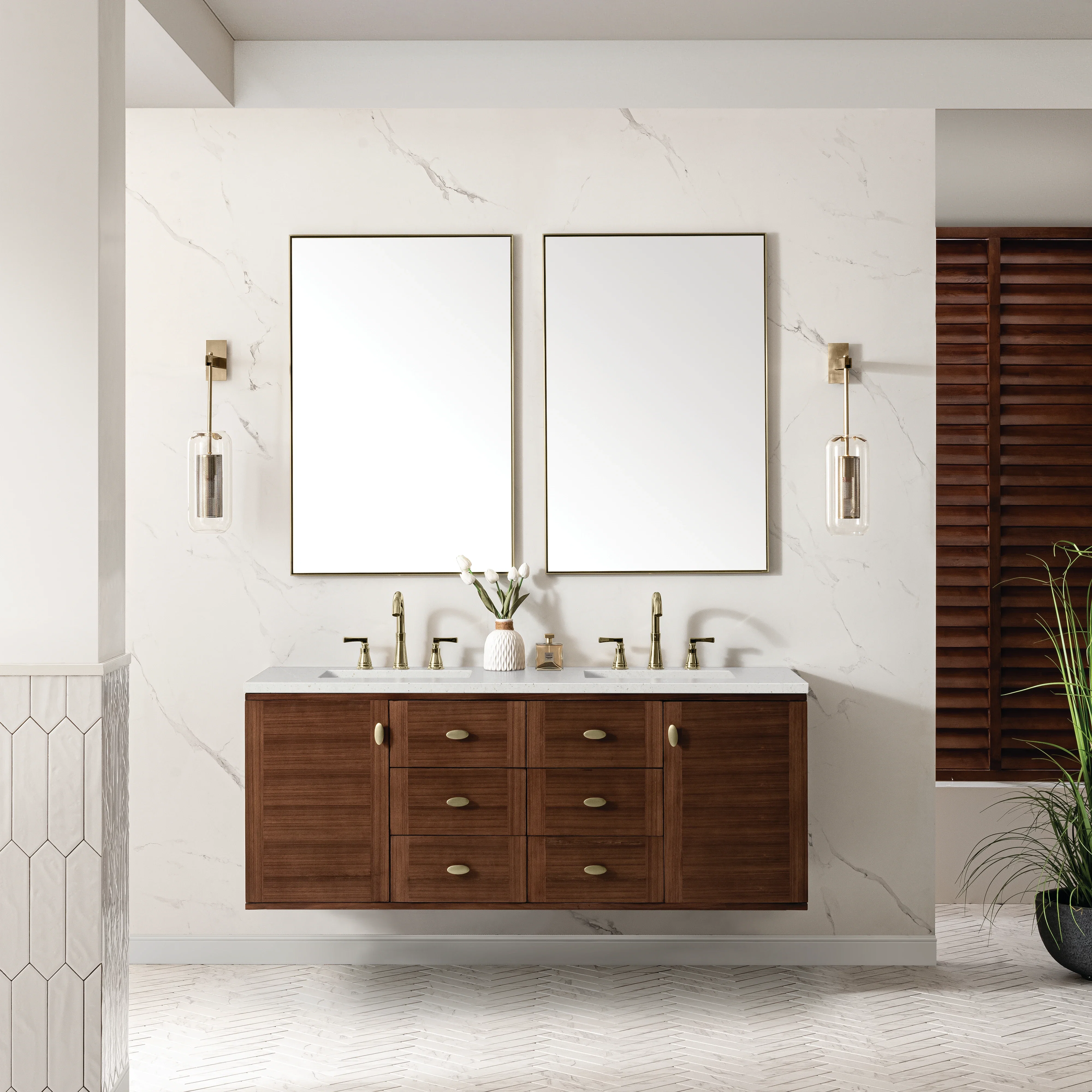 Amberly 60" Double Vanity, Mid-Century Walnut w/ 3 CM Lime Delight Top