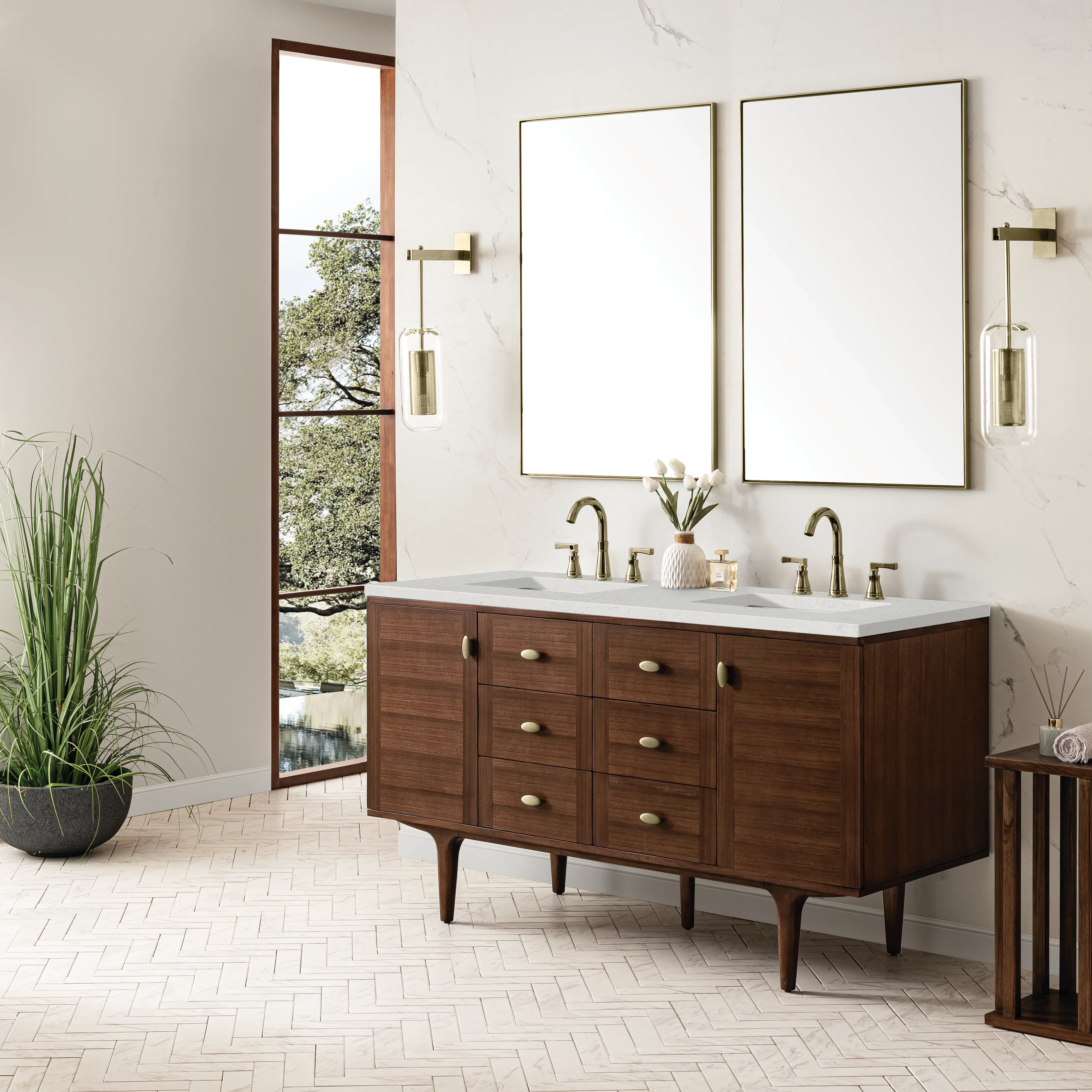 Amberly 60" Double Vanity, Mid-Century Walnut w/ 3 CM Lime Delight Top
