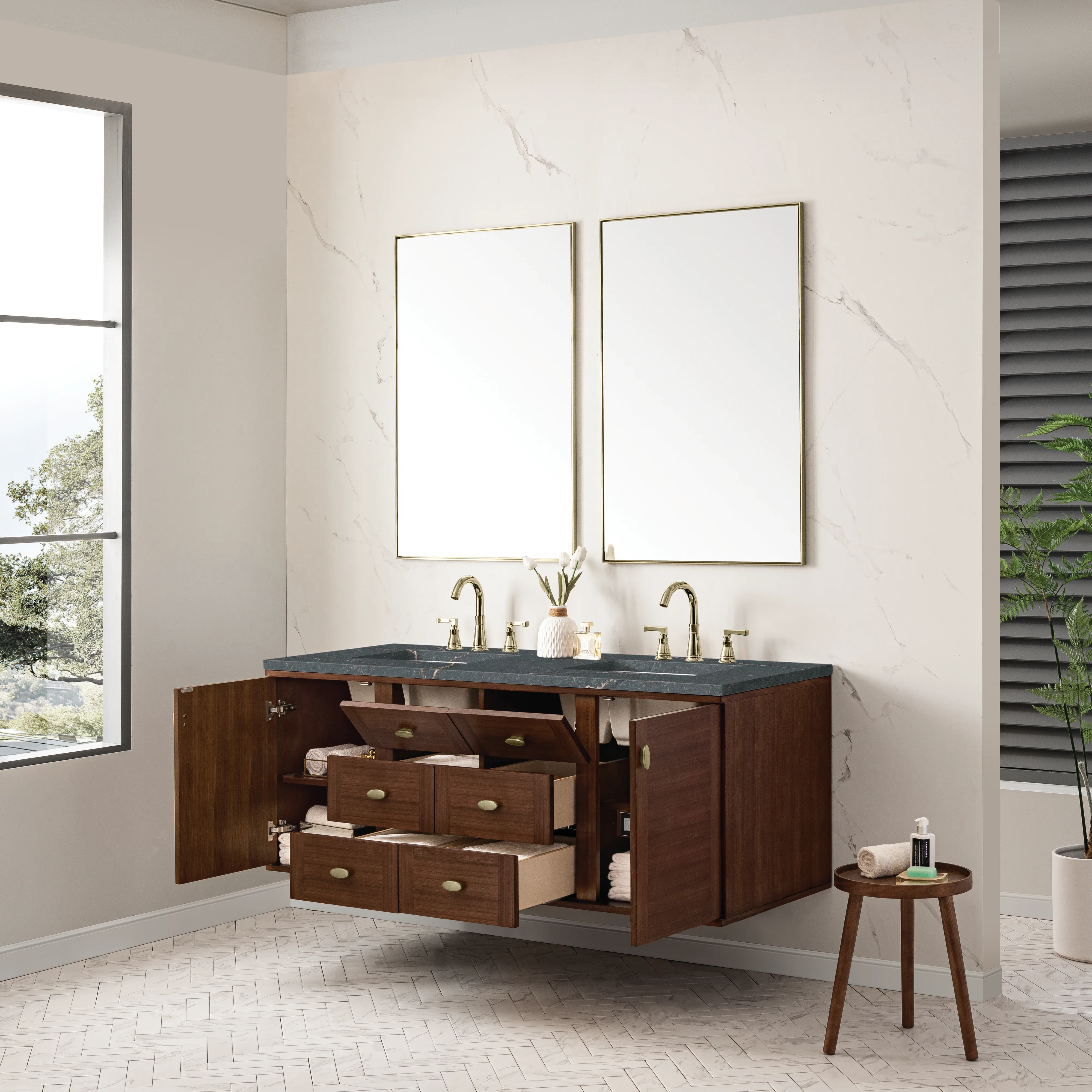 Amberly 60" Double Vanity, Mid-Century Walnut w/ 3 CM Parisien Bleu Top