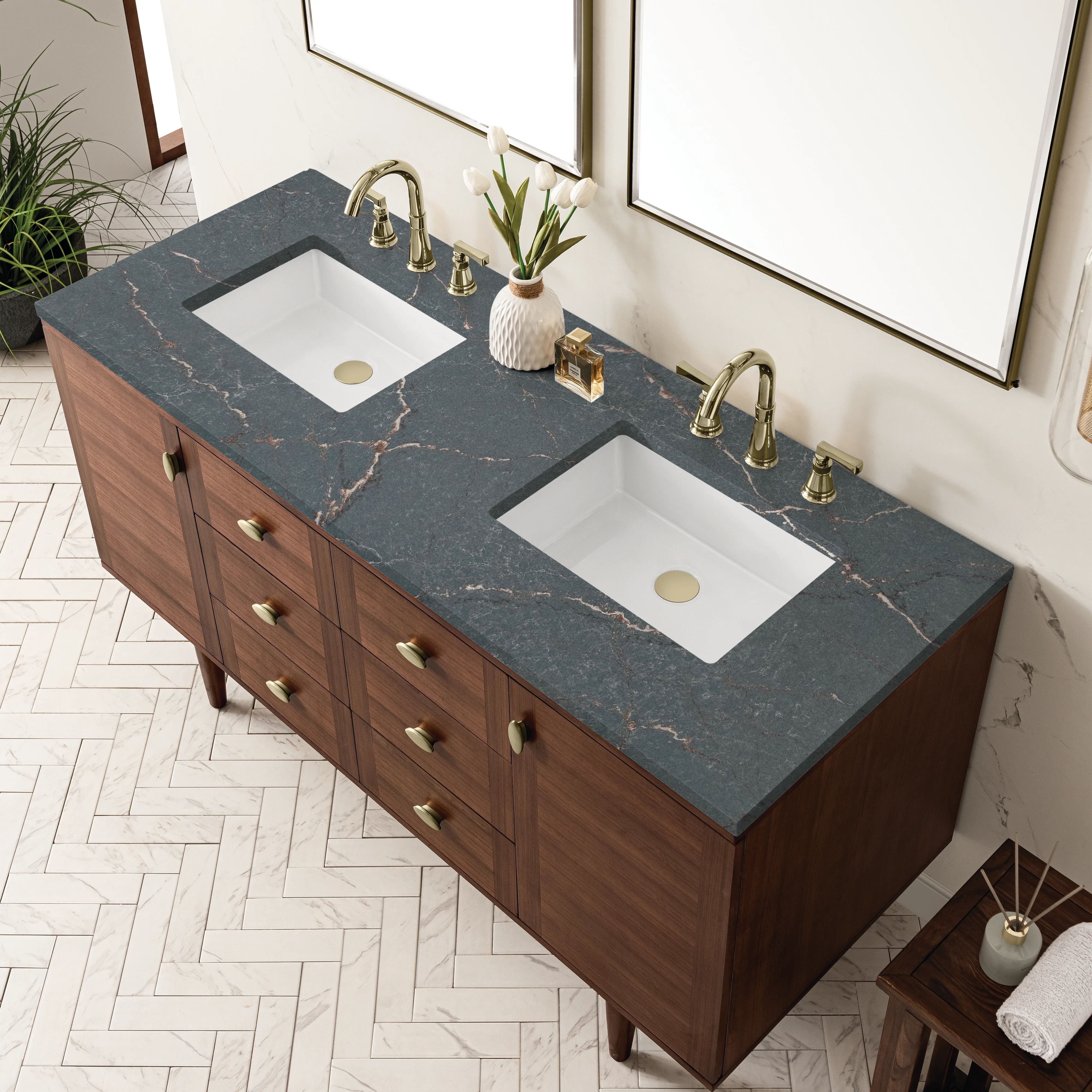 Amberly 60" Double Vanity, Mid-Century Walnut w/ 3 CM Parisien Bleu Top