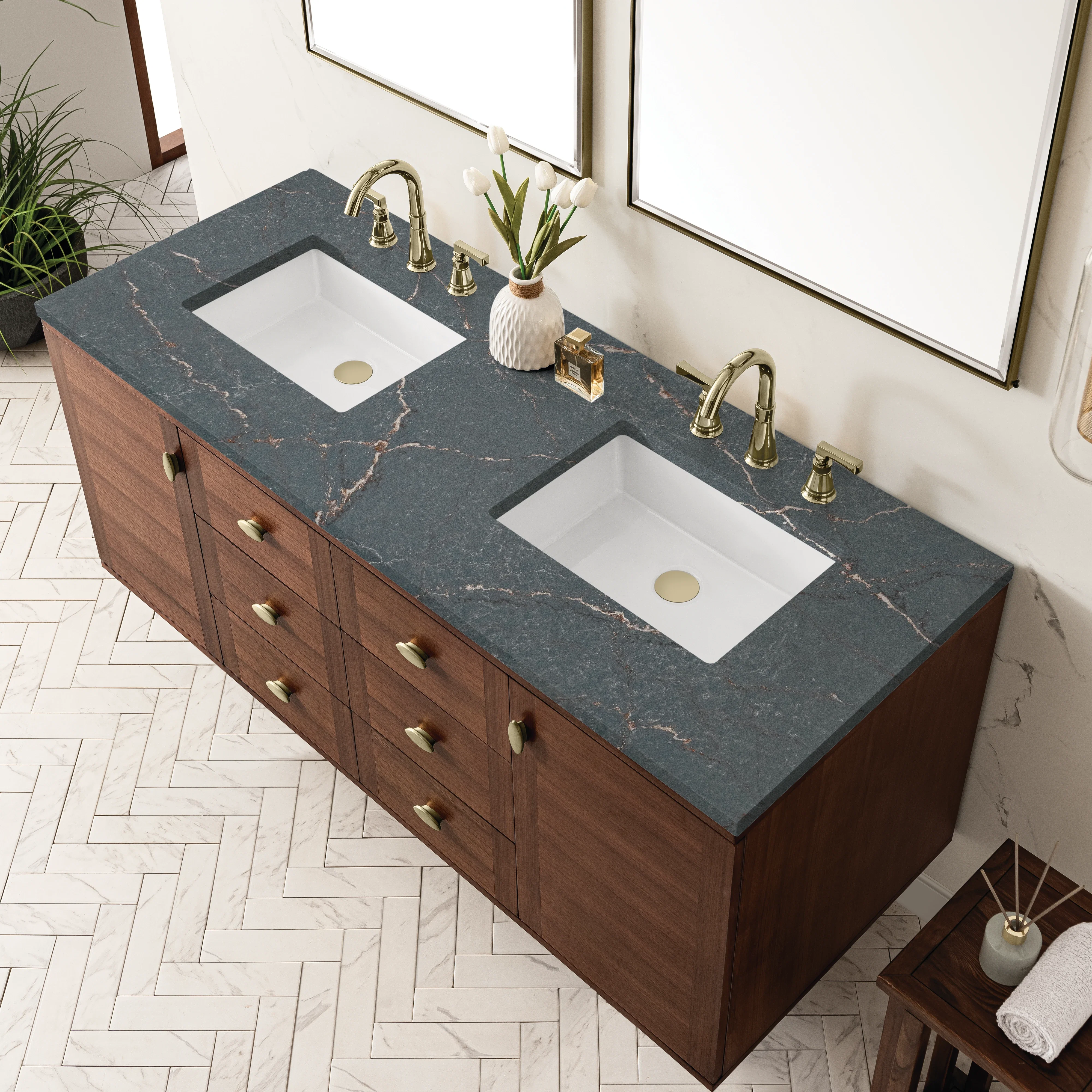 Amberly 60" Double Vanity, Mid-Century Walnut w/ 3 CM Parisien Bleu Top
