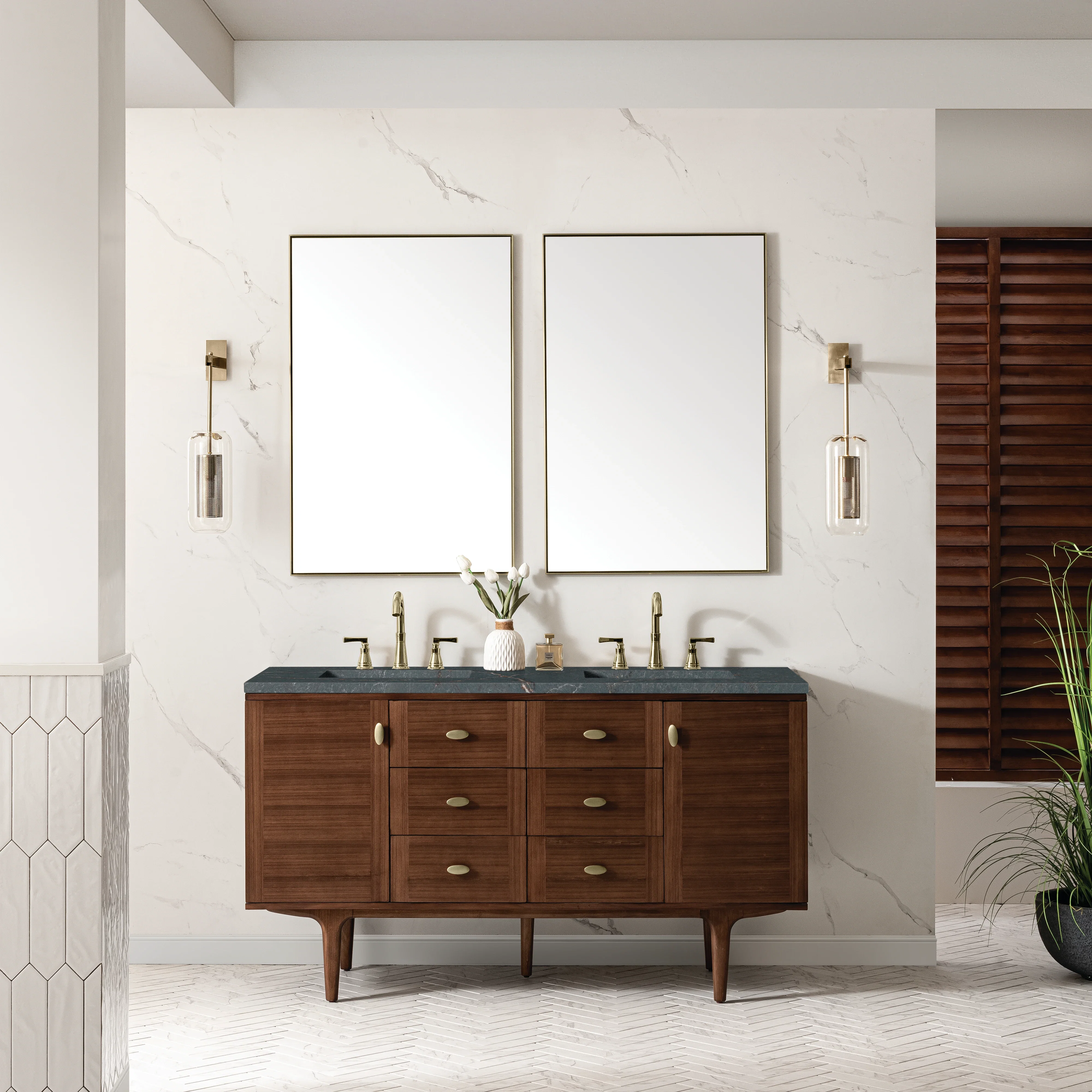 Amberly 60" Double Vanity, Mid-Century Walnut w/ 3 CM Parisien Bleu Top