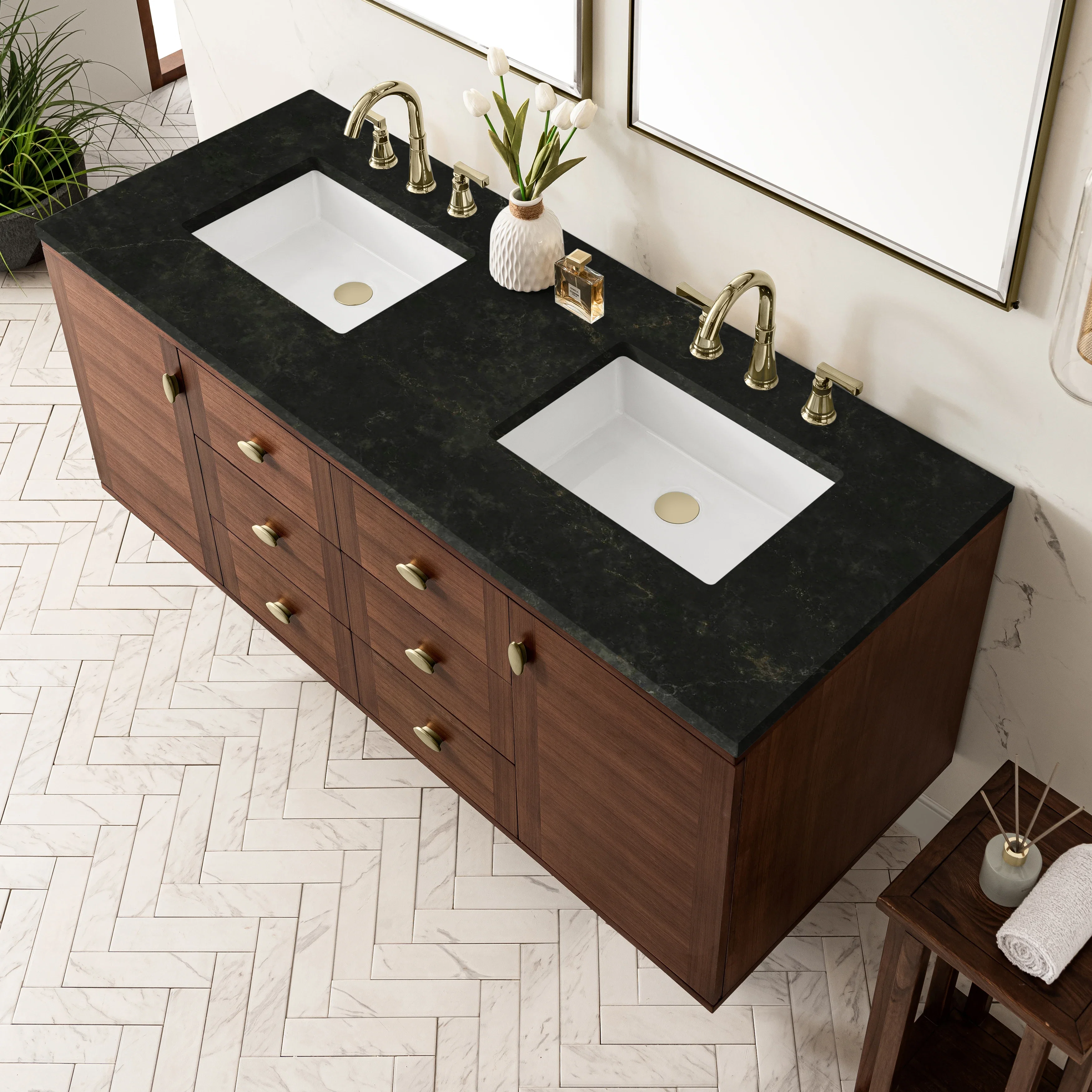 Amberly 60" Double Vanity, Mid-Century Walnut, w/ 3 CM Phantome Eclos Top