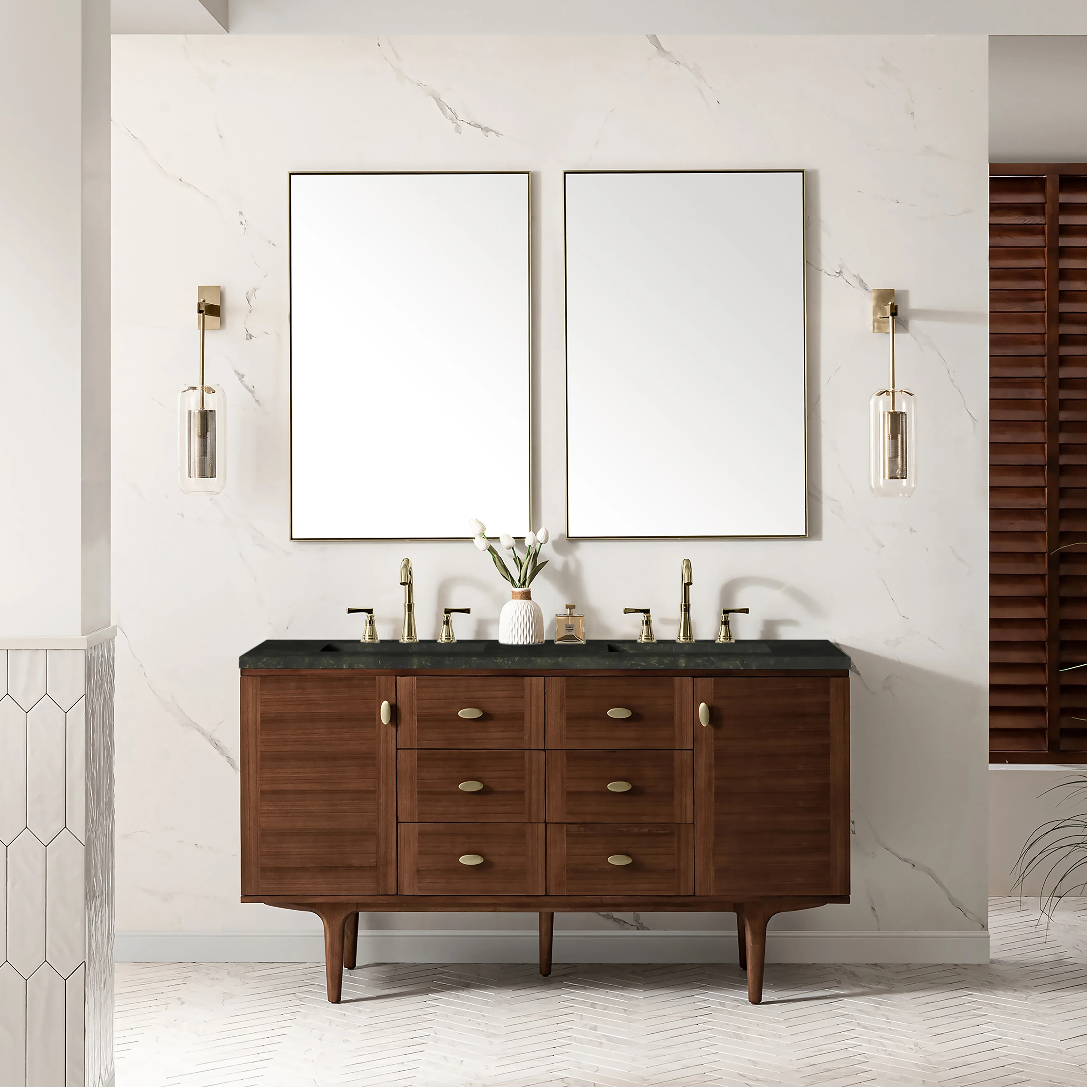 Amberly 60" Double Vanity, Mid-Century Walnut, w/ 3 CM Phantome Eclos Top