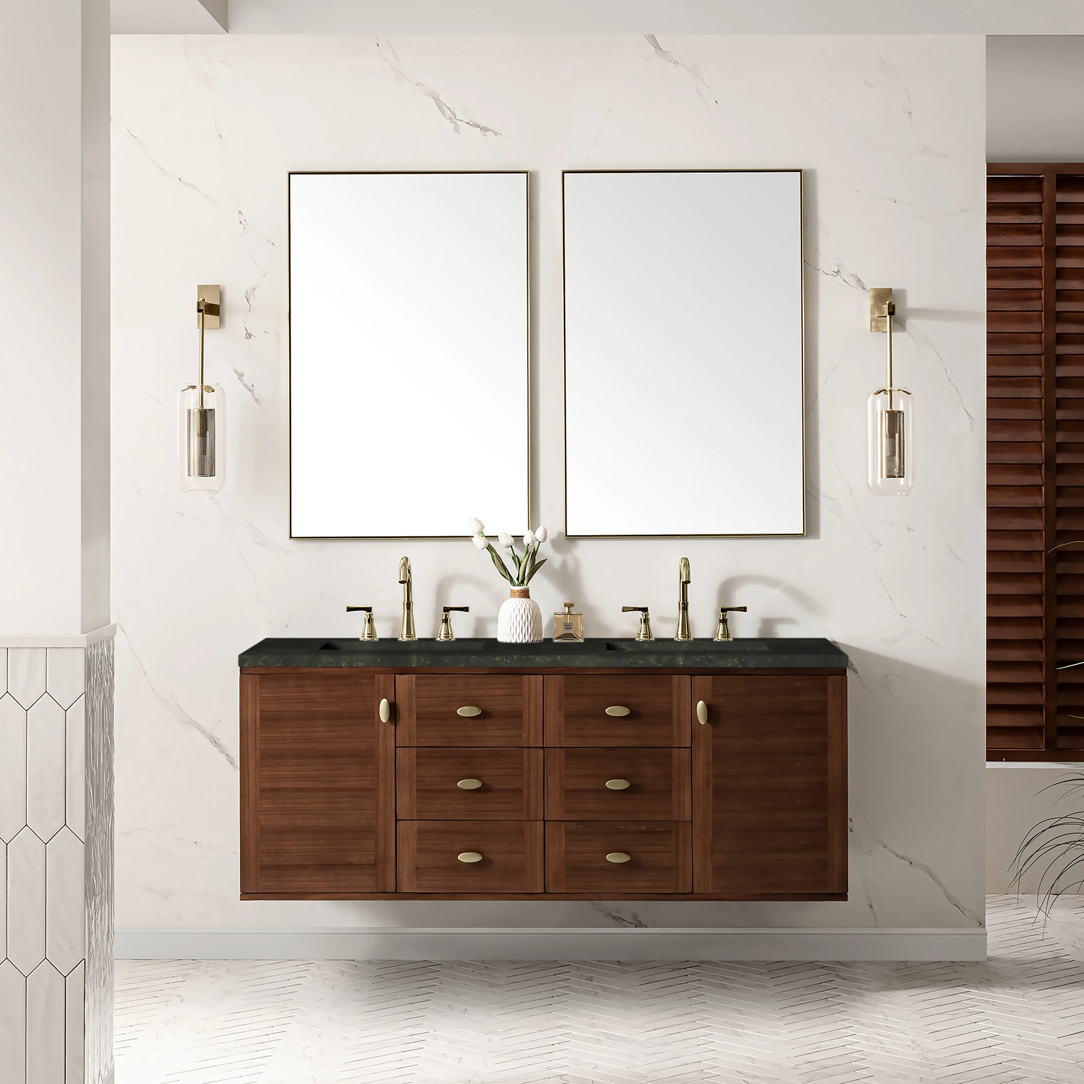 Amberly 60" Double Vanity, Mid-Century Walnut, w/ 3 CM Phantome Eclos Top