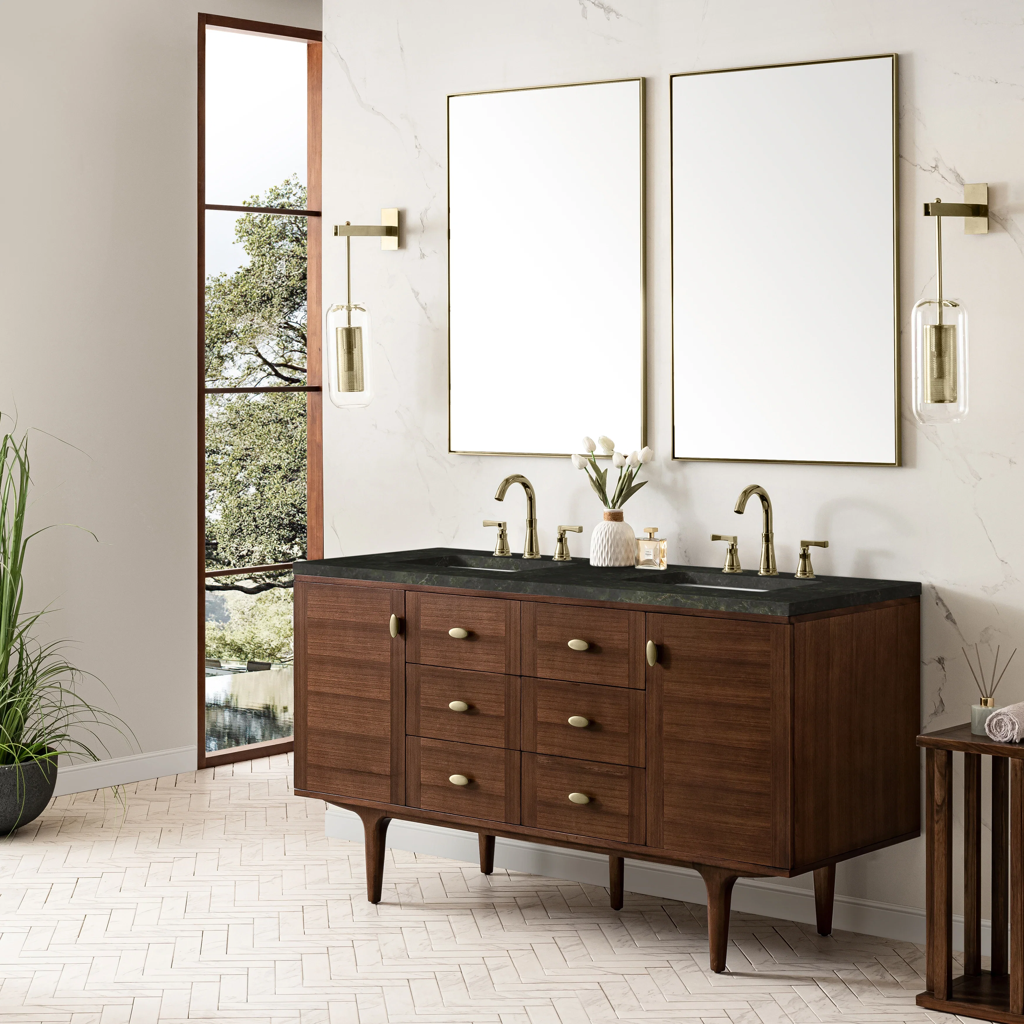 Amberly 60" Double Vanity, Mid-Century Walnut, w/ 3 CM Phantome Eclos Top