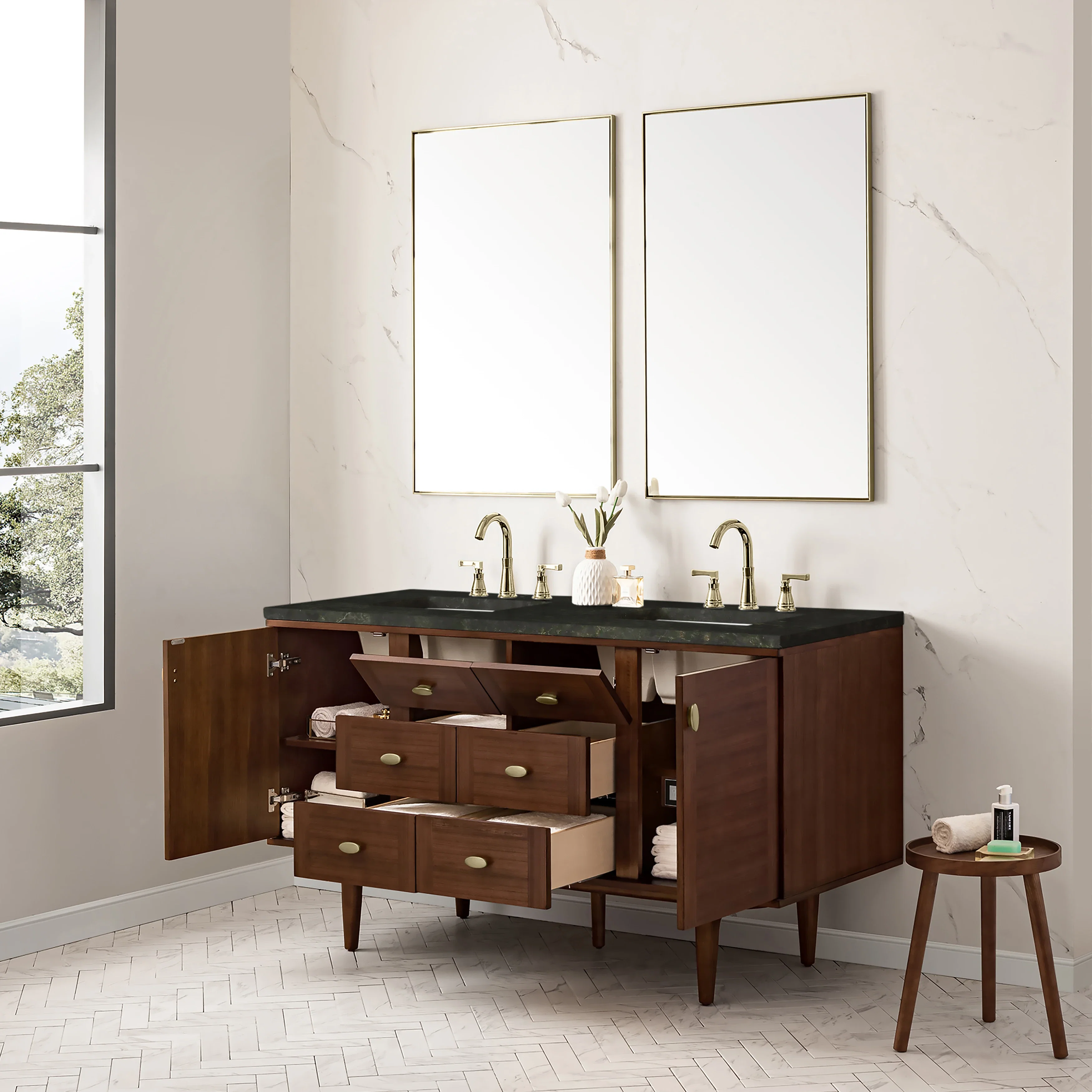 Amberly 60" Double Vanity, Mid-Century Walnut, w/ 3 CM Phantome Eclos Top